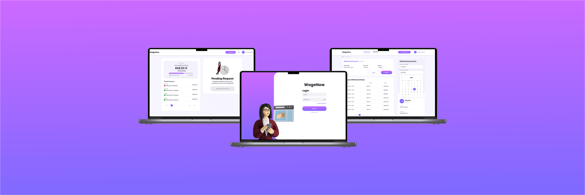 Tri laptopy, na ktorých sú zobrazené funkcie webovej aplikácie WageNow.
