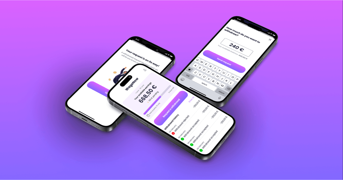 Tri mobilné zariadenia, ktoré zobrazujú funkcie mobilnej aplikácie WageNow.