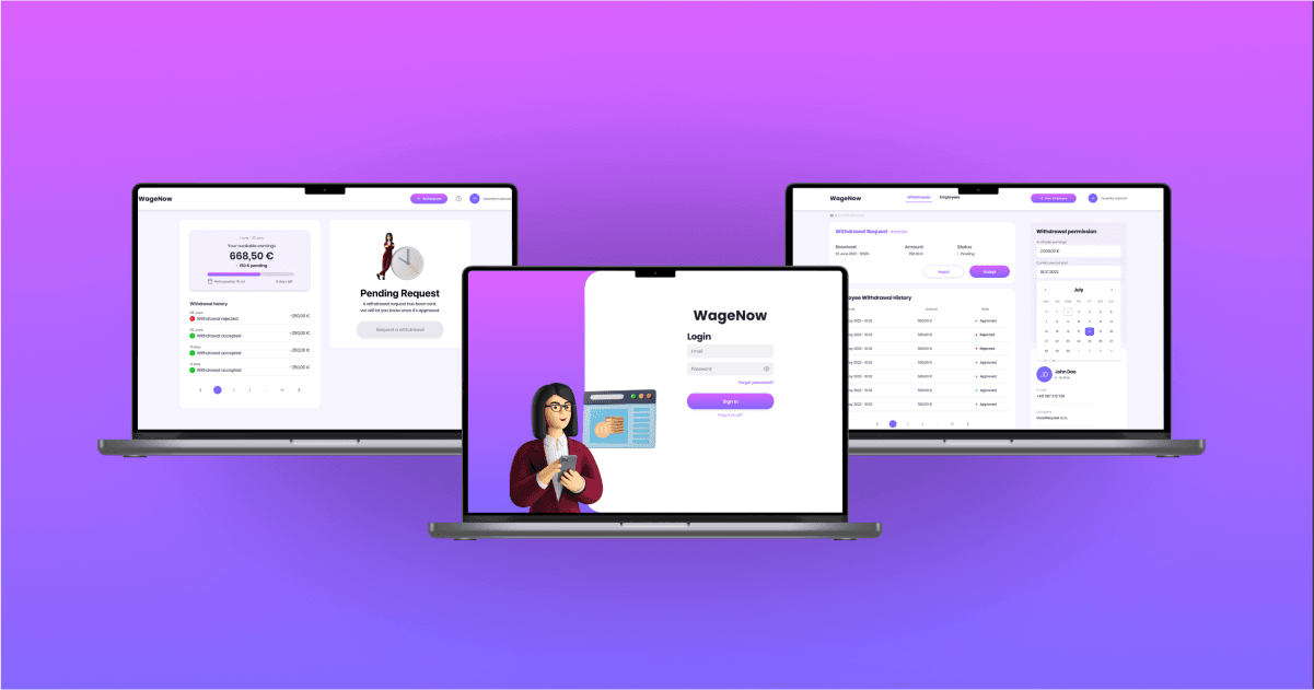 Tri počítačové zariadenia, ktoré zobrazujú funkcionality webovej aplikácie WageNow.