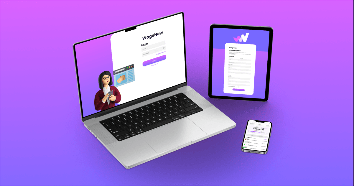 Mobilné zariadenie, tablet a laptop, ktoré všetky zobrazujú funkcionalitu aplikácie WageNow.