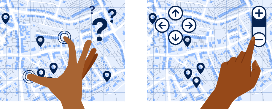 Dve mapové rozhrania: vľavo gesto ruky smerujúce na lokalizačný marker s otáznikmi; vpravo gesto ruky používajúce ovládacie prvky na priblíženie a navigáciu po mape.