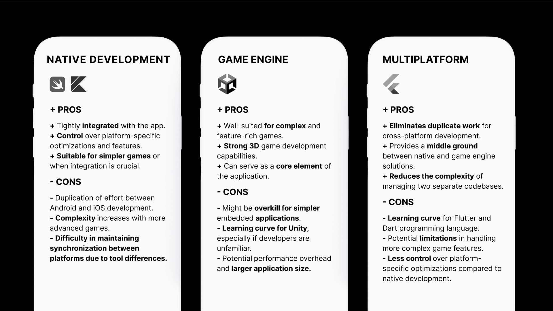A comparison of the advantages and disadvantages of three approaches to game development: native development, game engine and multiplatform solutions.