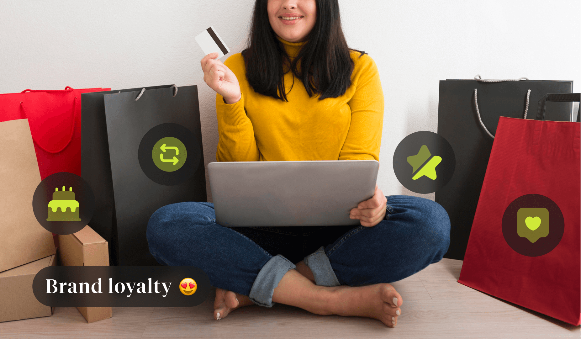 A woman using a laptop computer, sitting cross-legged, surrounded by research bags. The text 'Brand loyalty' is also displayed.