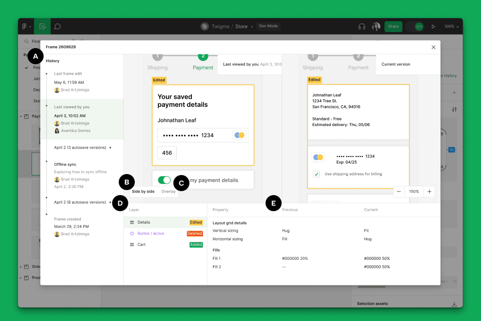 Obrazovka dizajnového softvéru s porovnaním platobných údajov používateľa. Zobrazuje sa história zmien, možnosti úprav a technické parametre rozloženia. Funkcie umožňujú zobrazenie rozdielov vedľa seba alebo prekrytím.