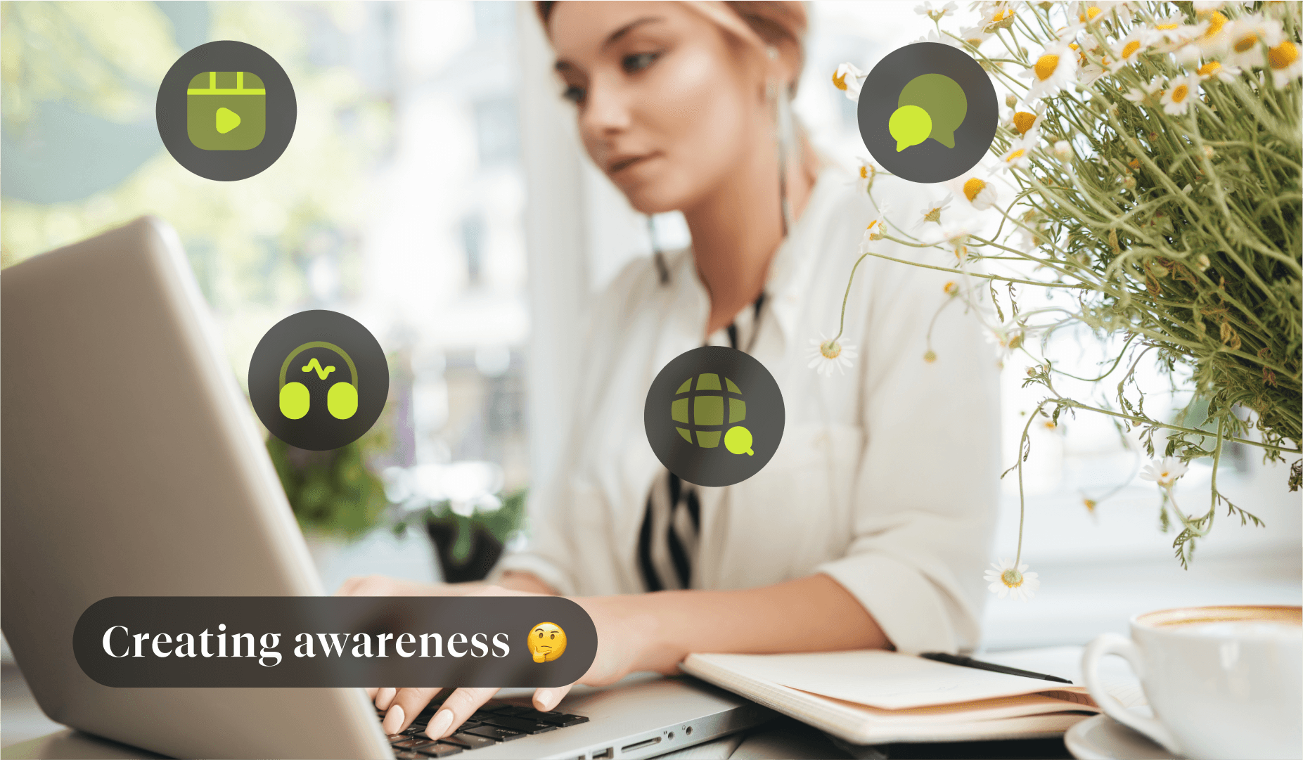 A woman using a laptop with social networking icons in the foreground. The text 'Creating Awareness' is also shown.