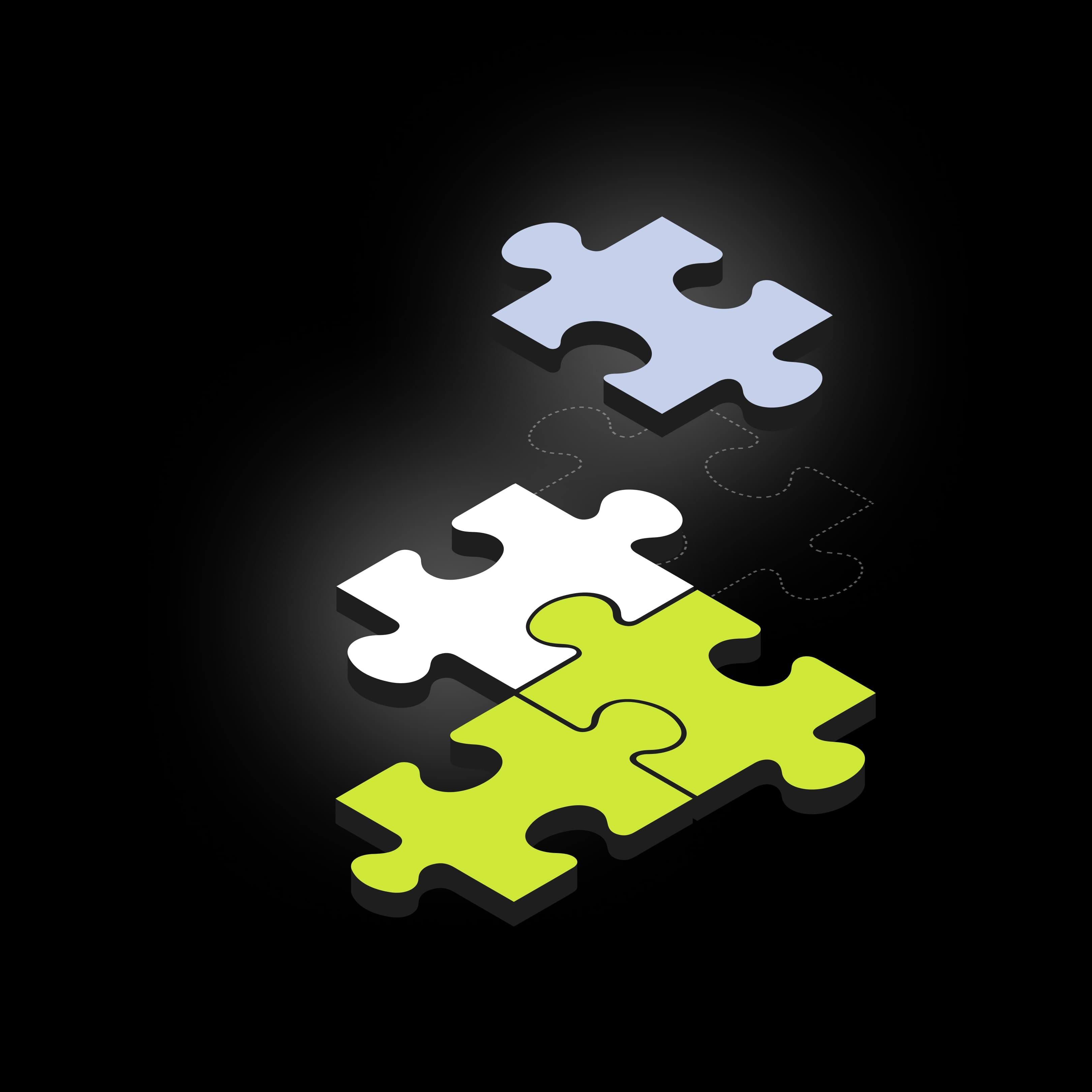 Ilustrácia štyroch častí skladačky puzzle, tri do seba zapadajú, jedna časť skladačky je vyššie - mala by zapadnúť do ostatných.