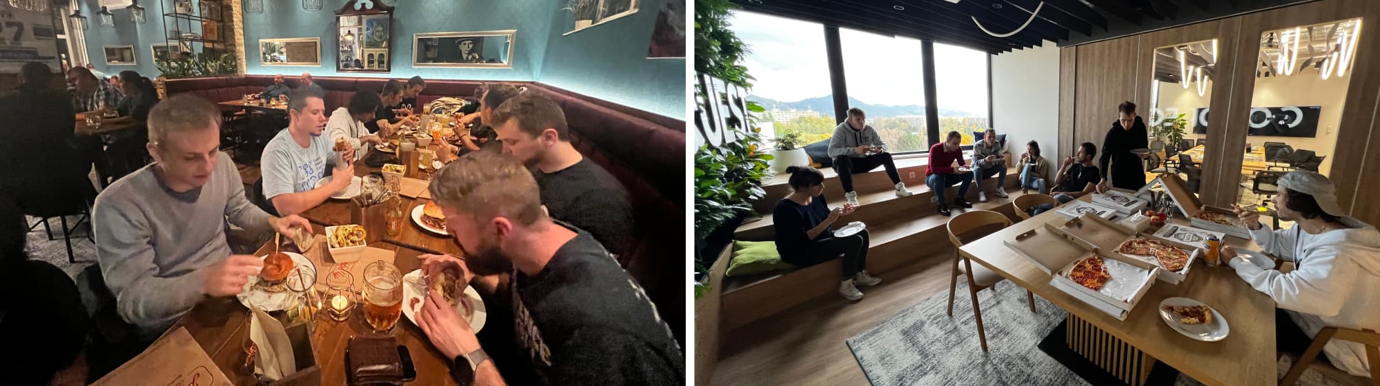 Koláž - dve fotografie, ktorých podstatou je jedlo - pizza párty v spoločných priestoroch firmy, posedenie pri stole v reštaurácii.