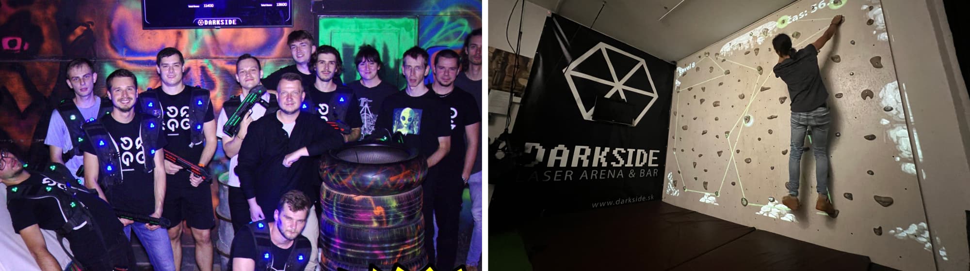 Koláž vytvorená z dvoch obrázkov - vľavo je celý frontend tím oblečený vo vestách v laser game aréne, vpravo fotka človeka leziaceho po lezeckej stene, vedľa stena s nápisom - DARKSIDE.