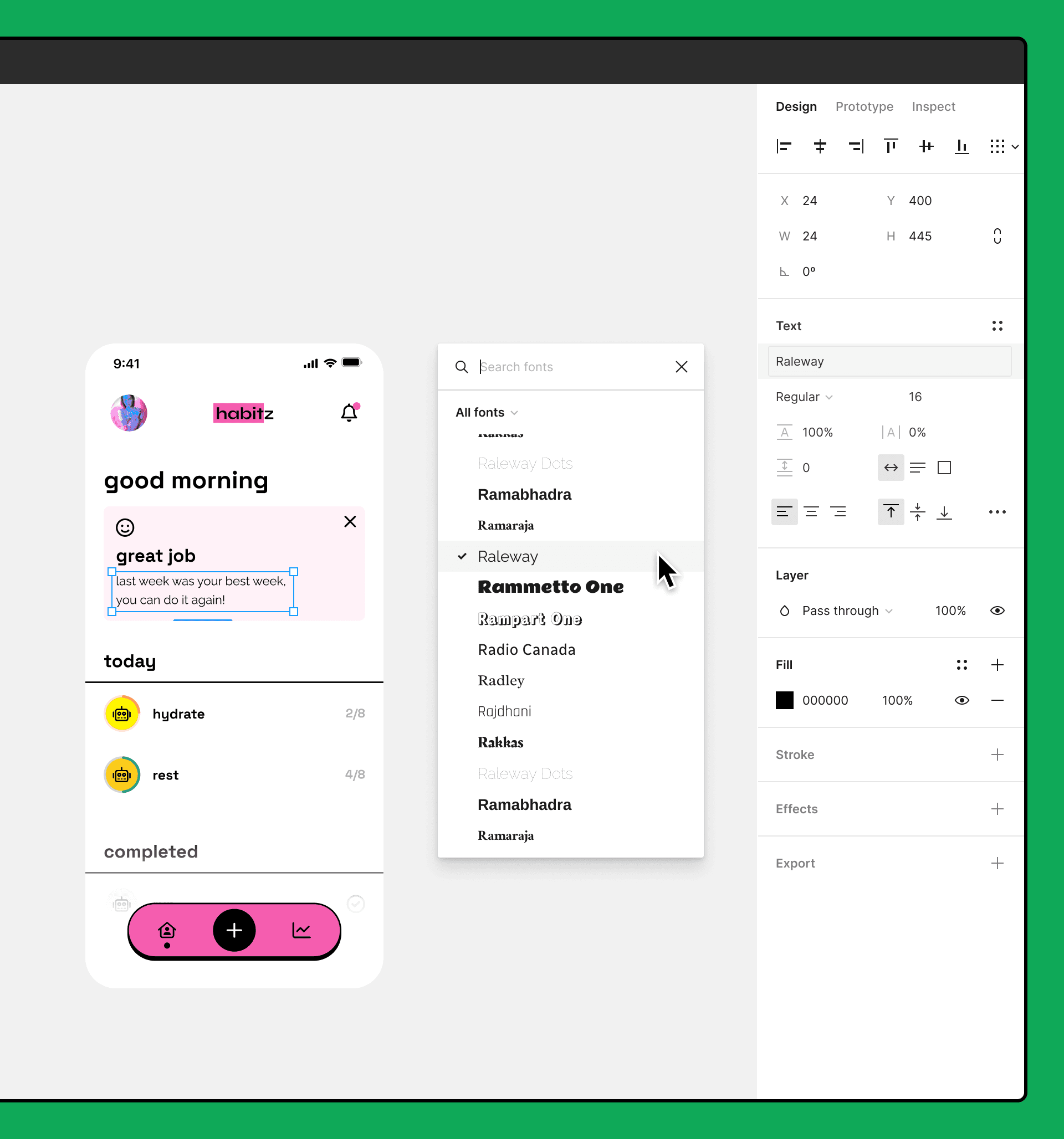 A design tool interface with three sections: a mobile app preview with a motivational message and tasks, a font picker with a list of fonts, and a panel with text settings such as size, color, and alignment.