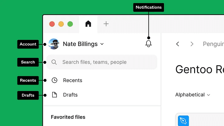 Obrazovka aplikácie na správu súborov s prehľadným rozdelením na účet, vyhľadávanie a návrhy. Používateľ vidí priečinok „Gentoo R“ a môže triediť obsah podľa abecedy. Vpravo hore je prístup k notifikáciám.