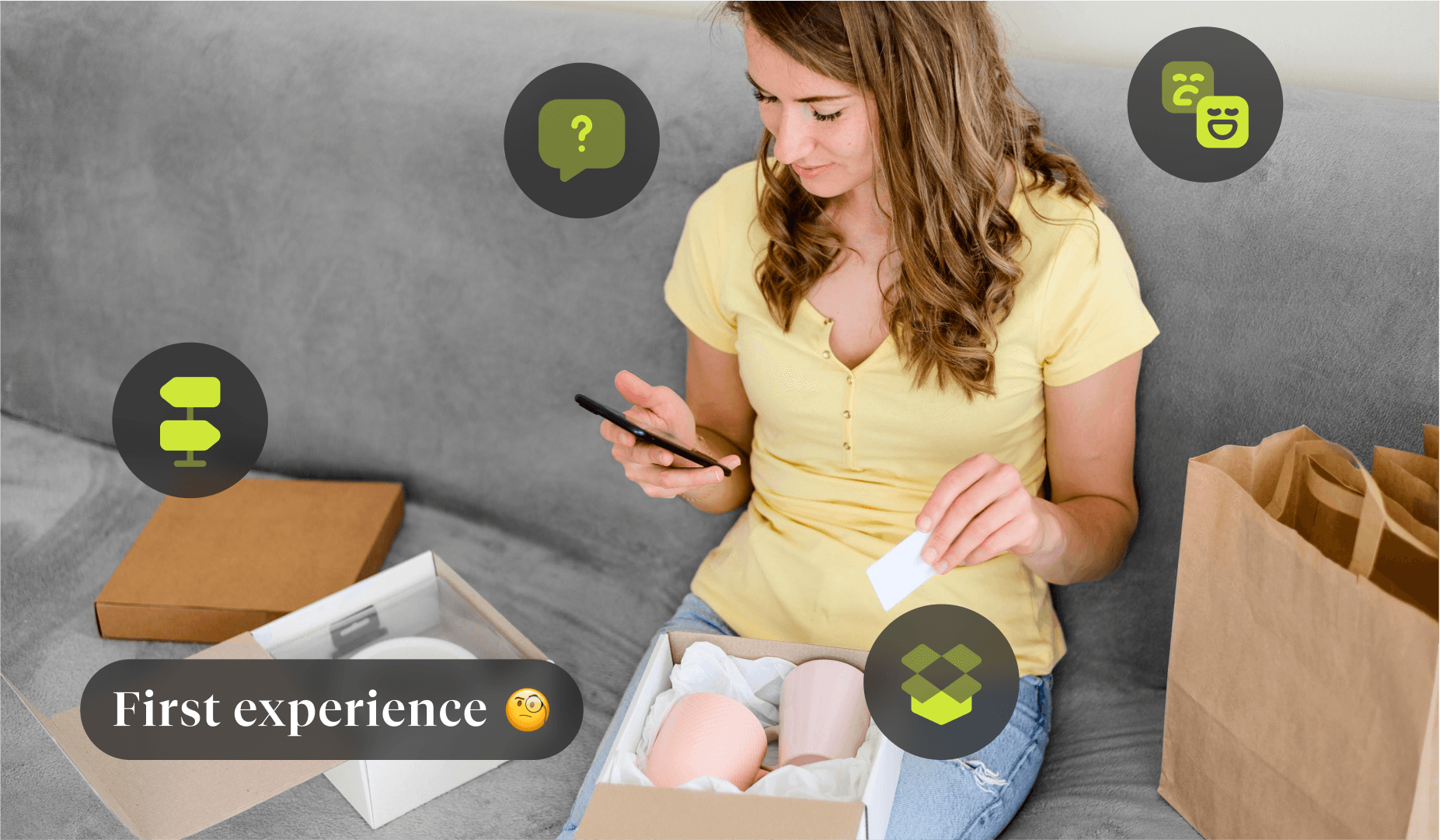 A woman using a mobile device with a box of unpacked goods, with icons associated with the first purchase. The text "First experience" is also displayed.