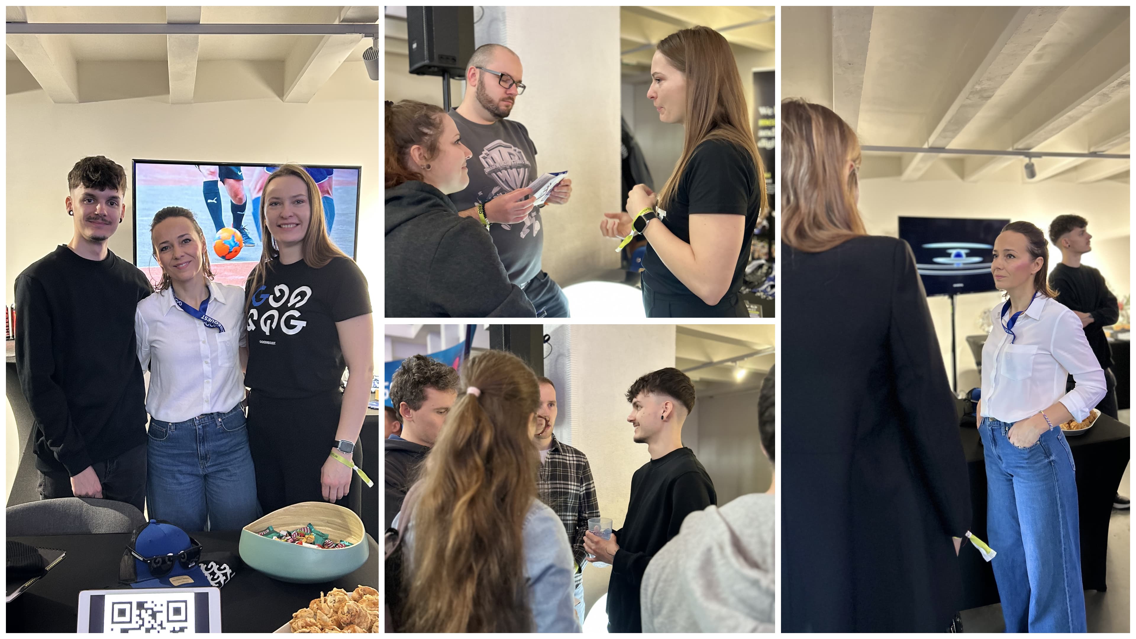 Koláž zachytáva rôzne momenty z Codeconu: účastníci pózujú pri stánku, rozprávajú sa pri prezentácii materiálov a aktívne sa zapájajú do diskusií.