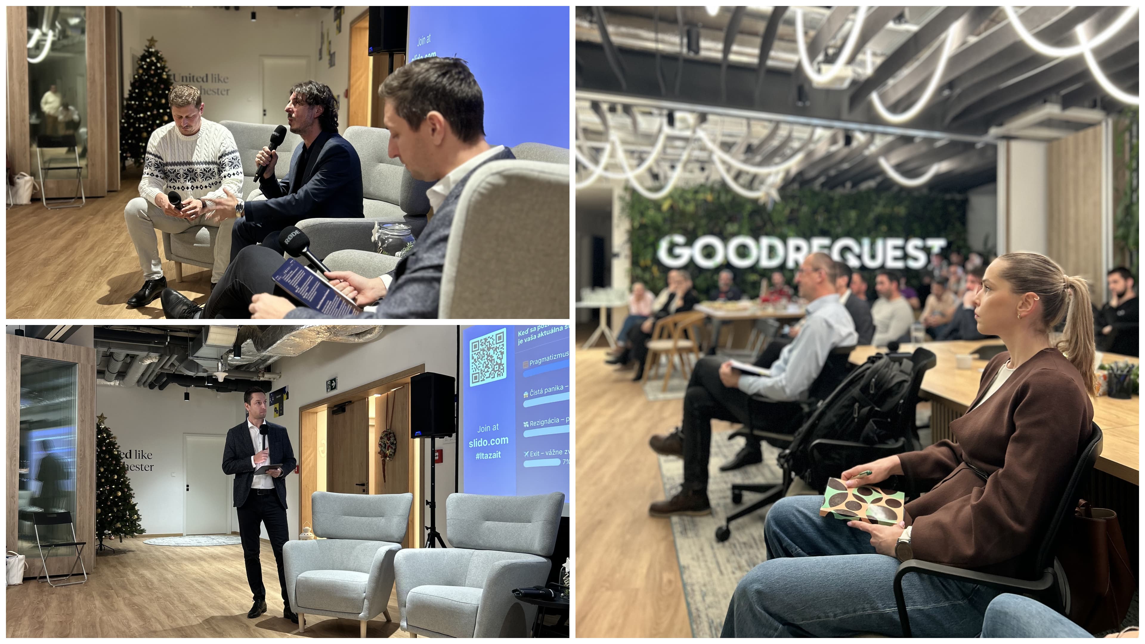 Koláž zachytáva komunitné podujatie s hosťami diskutujúcimi na pódiu, prezentáciou na obrazovke a publikom v modernej, svetlej miestnosti.