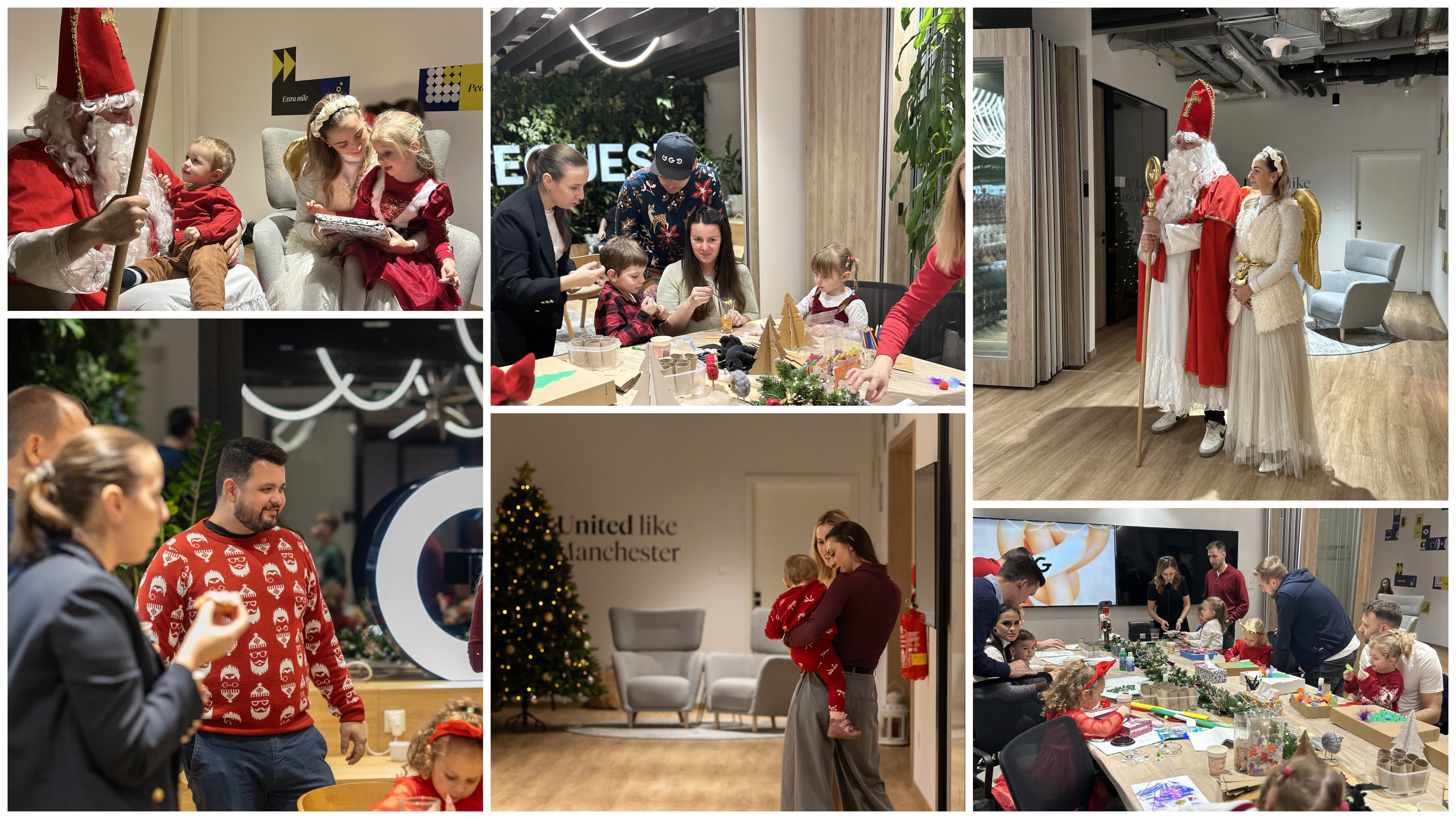 Koláž zachytávajúca stretnutie s Mikulášom, tvorivé dielne pre deti a spoločné rodinné aktivity v interiéri.