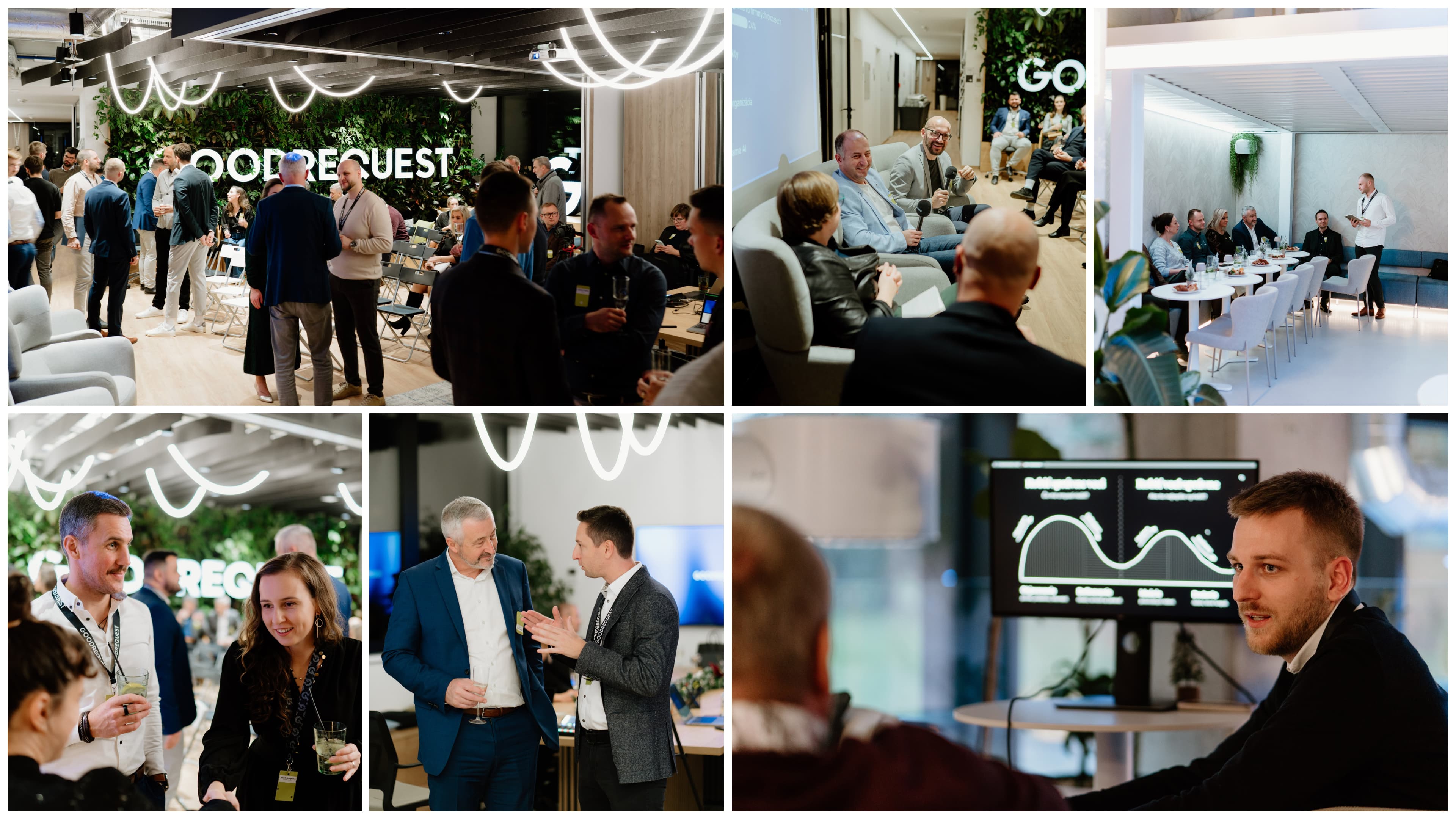 Koláž zachytávajúca partnerský event s networkingom, panelovou diskusiou, prezentáciou a neformálnymi rozhovormi v moderných priestoroch.