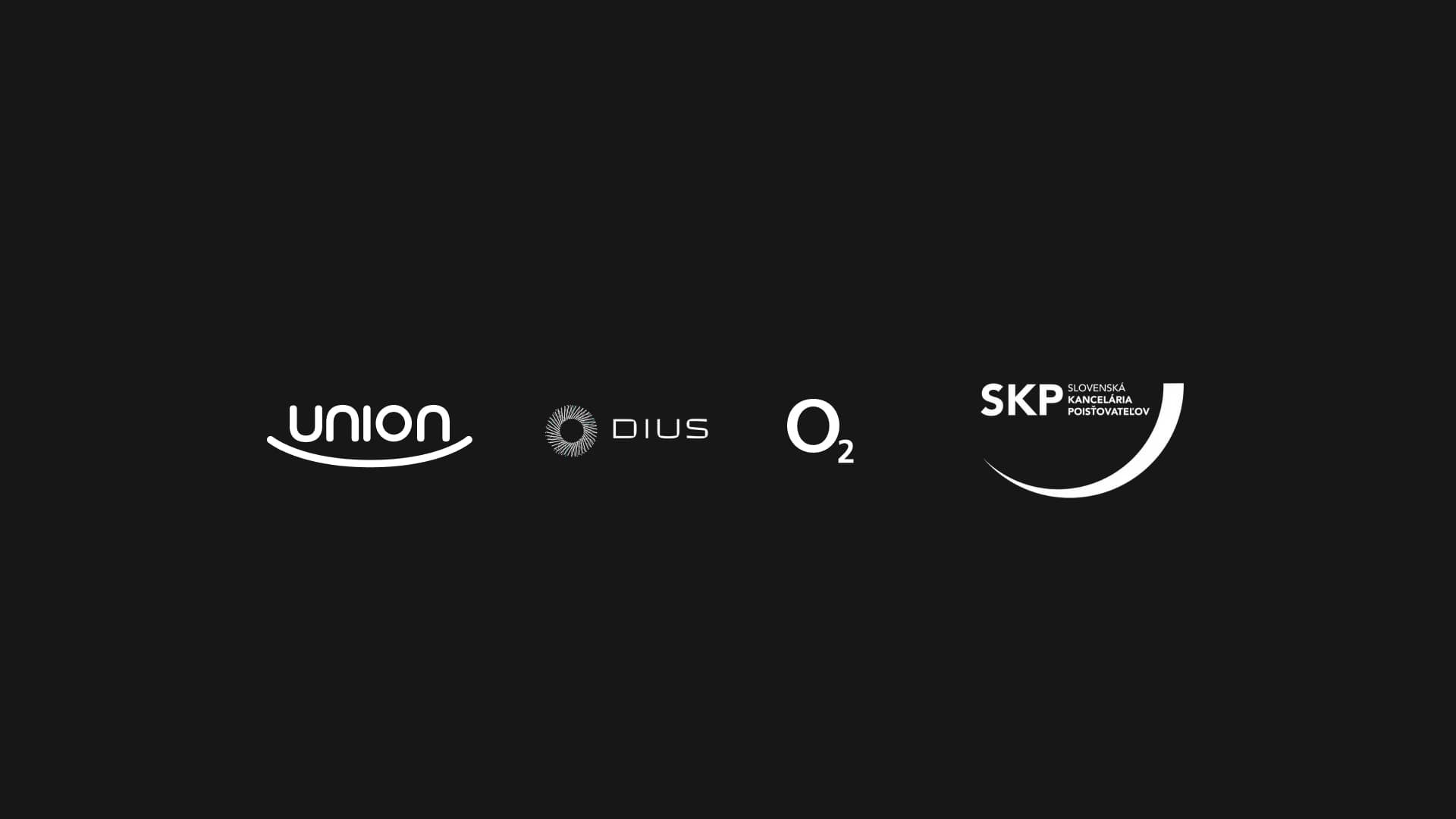Grafika na čiernom pozadí zobrazujúca logá štyroch nových partnerov: Union, DIUS, O2 a Slovenská kancelária poisťovateľov (SKP).