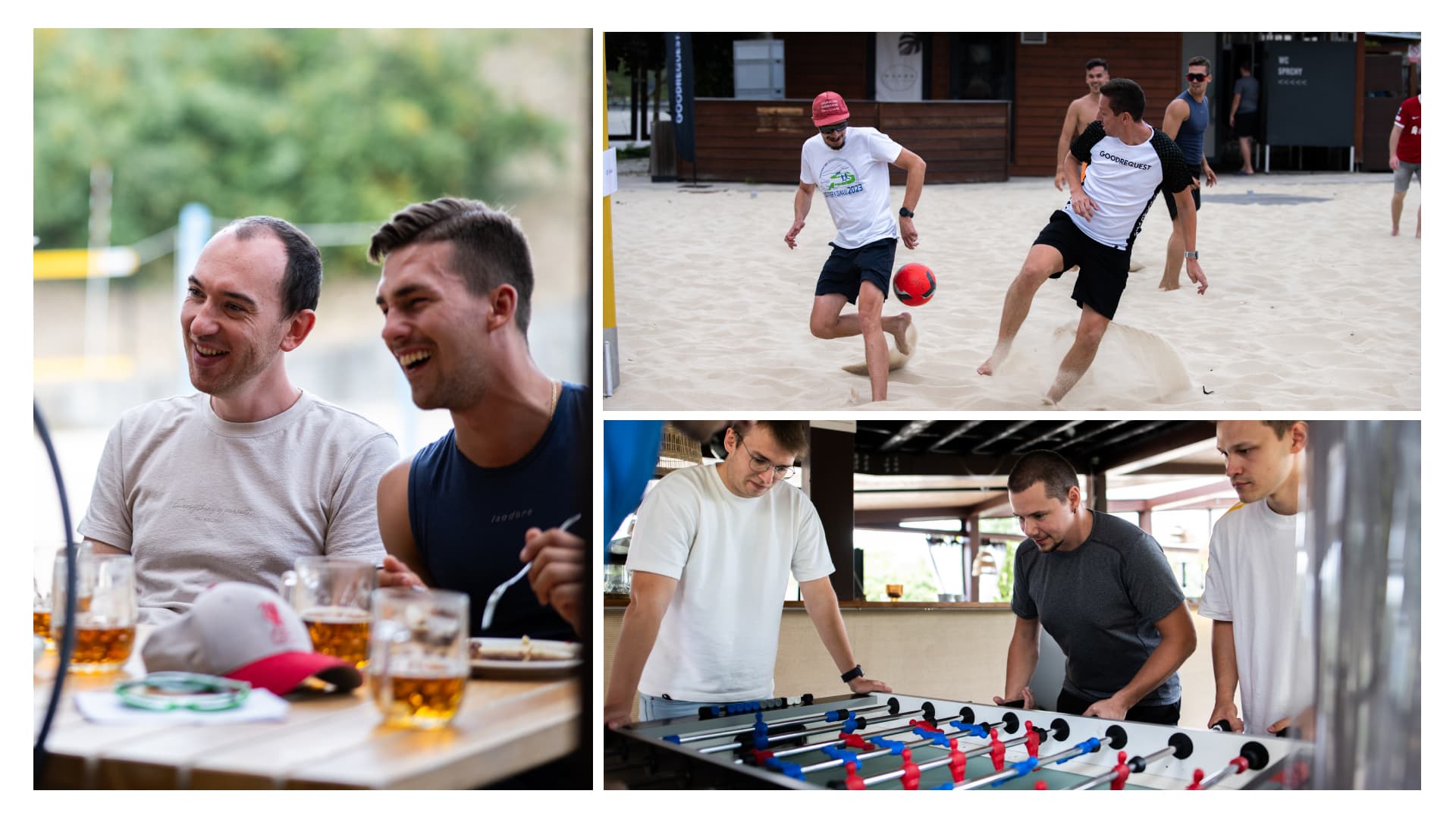 Koláž vytvorená z fotografií z eventu GR8 Days - zaznamenané aktivity: hranie stolného futbalu, reálneho futbalu, čas strávený pri jedle.