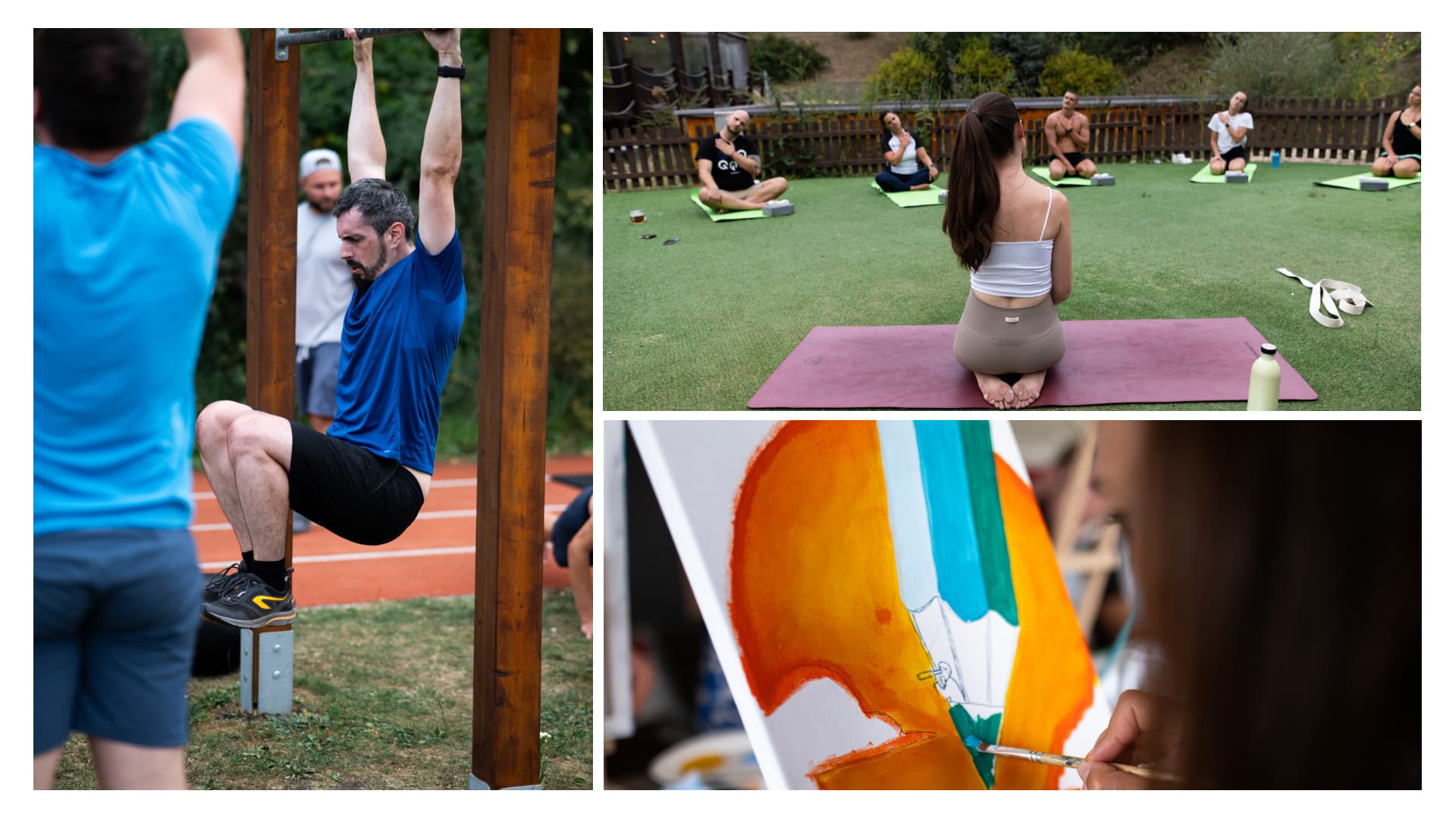 Koláž vytvorená z fotografií z eventu GR8 Days - zaznamenané aktivity: jóga, maľovanie a iné.
