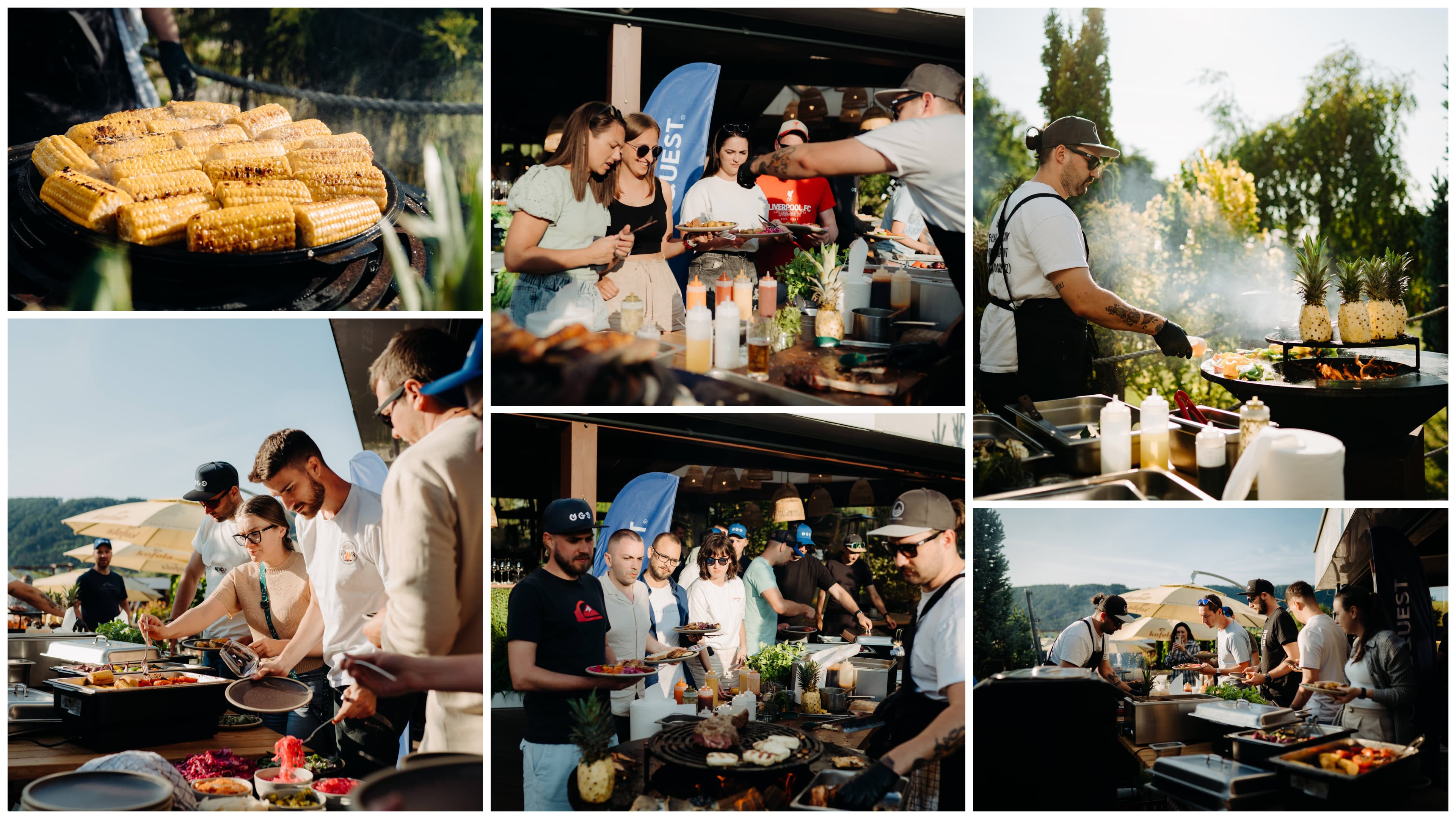 Koláž - šesť fotografií zachytávajúce grilovačku na firemnom evente. Štyri fotografie zachytávajú skupinky ľudí nakladajúce si jedlo na tanier z bufetu, jedna fotografia zachytáva kuchára za grilom a jedna ukazuje priblížený pohľad na grilované jedlo.