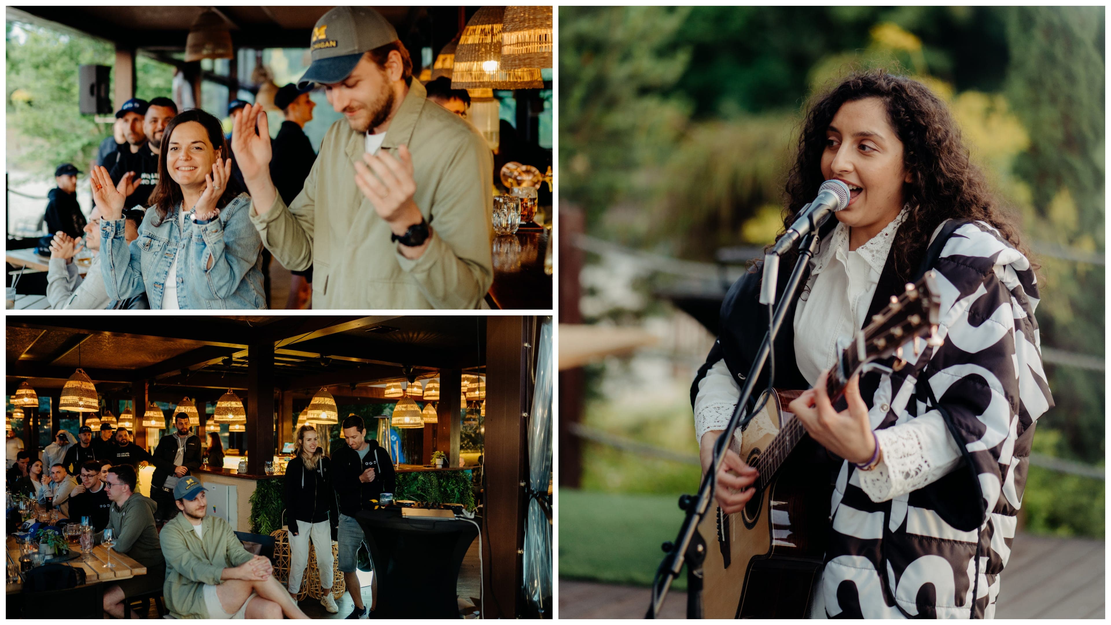 Koláž - tri fotografie zachytávajúce párty na firemnom evente. Dve fotografie zachytávajú zabavajúce sa skupiny ľudí počas vystúpenia speváčky. Jedna fotografia zachytáva spievajúcu dievčinu.