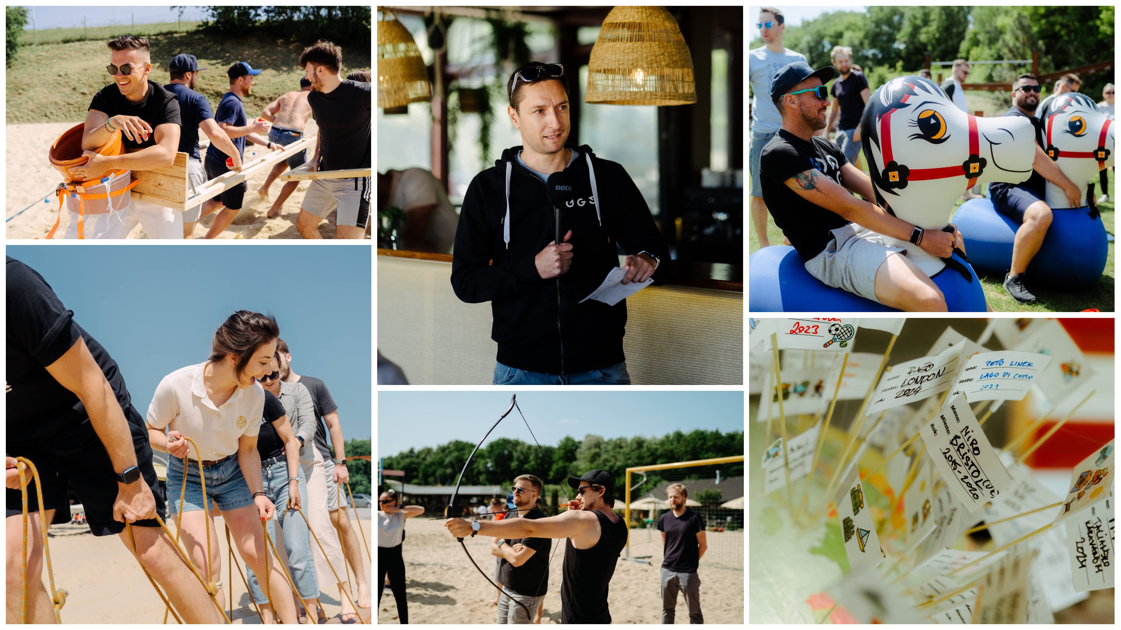 Koláž - šesť fotografií reprezentujúce dopoludnie firemného eventu. Zachytávjú aktivity ako hobby horsing, akčné bojové lode, spoločne vytvorenú cestovateľskú zemeguľu, strieľanie z luku a príhovor CEO.