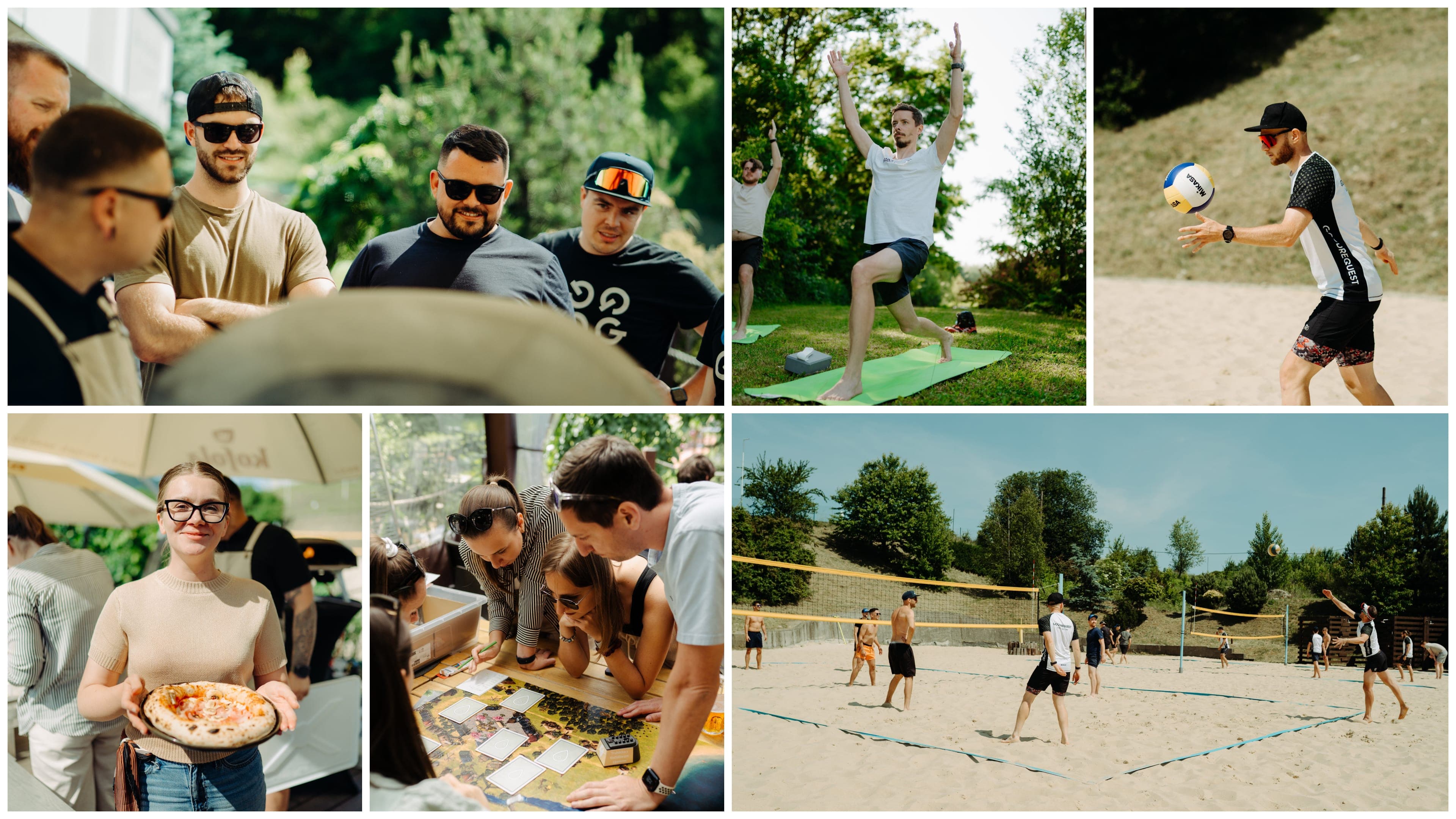 Koláž - šesť fotografií reprezentujúce program počas firemného eventu. Dve fotografie ukazujú hranie volejbalu, jedna fotografia zachatáva jógu, dve fotografie workshop pečenia pizze a posledná spoločné uvažovanie tímu pri únikovej hre.