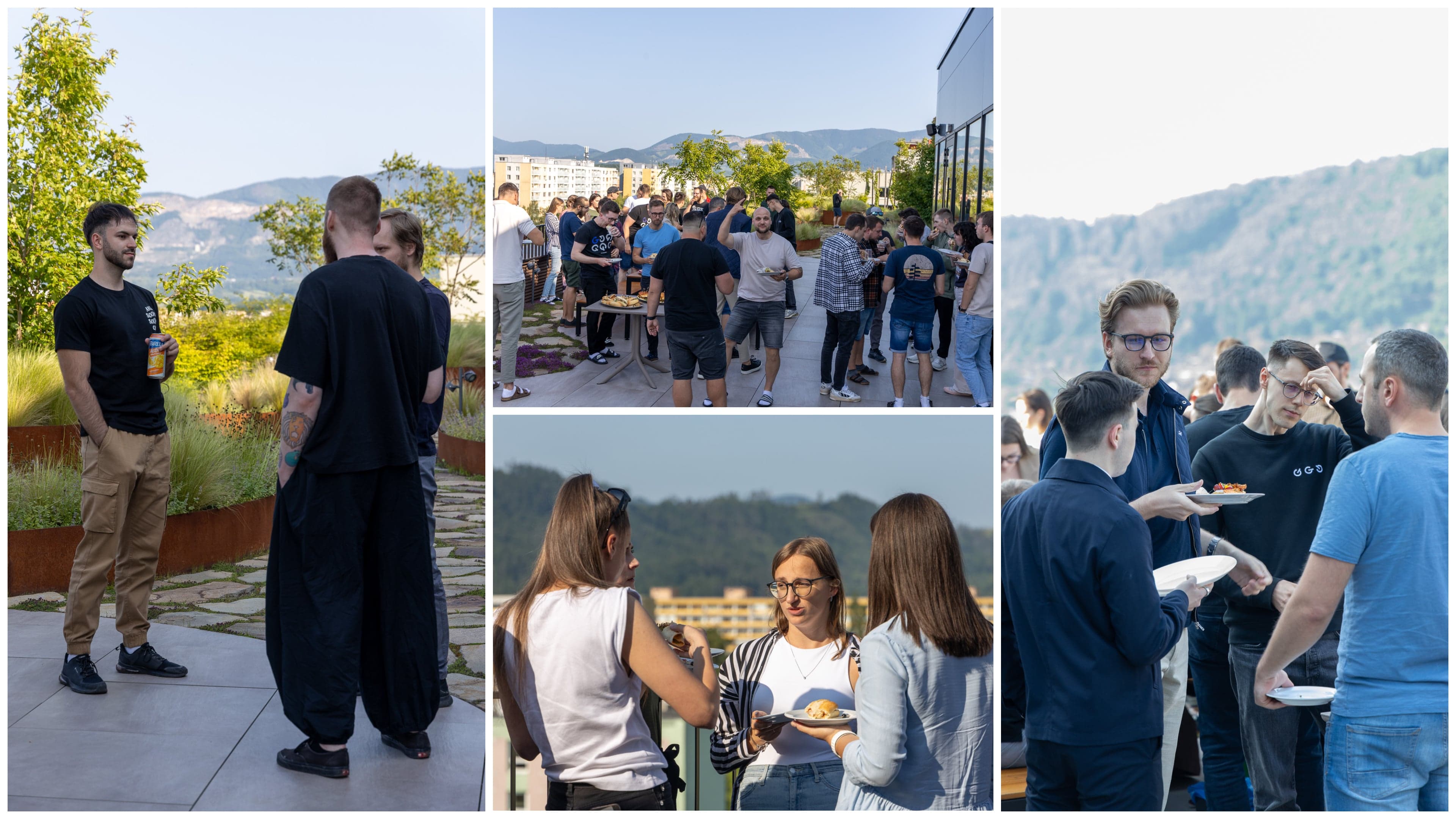 Koláž - štyri fotografie, na ktorých je zachytená večera na streche - na troch obrázkoch sú rozprávajúce sa skupiny ľudí, na jednej je veľká skupina ľudí, ktorí večerajú a rozprávajú sa.