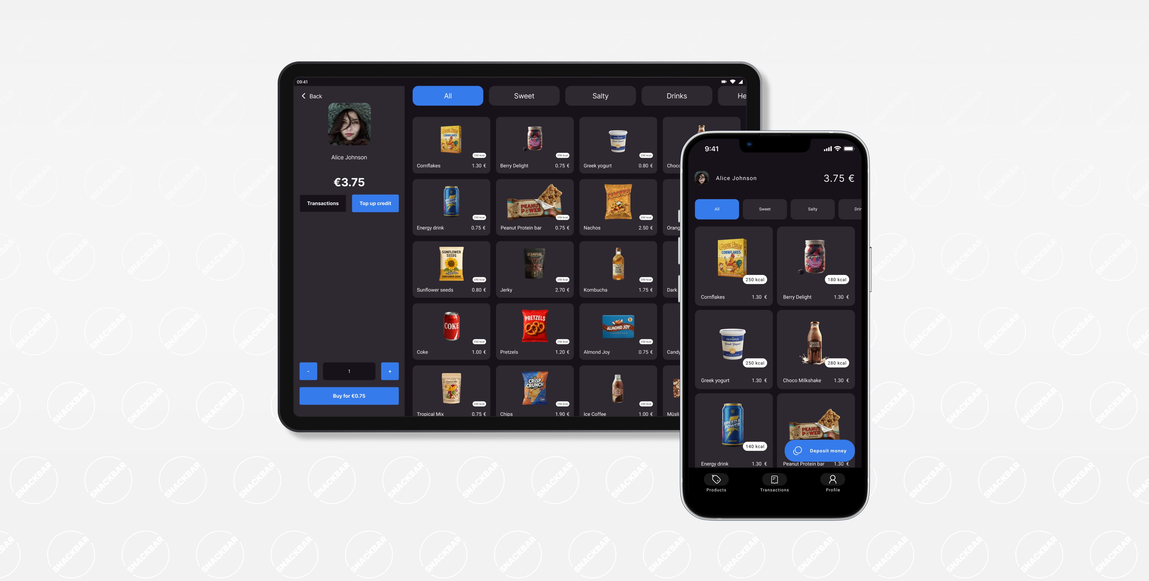 Vizualizácia používateľského rozhrania Snackbaru, ktorá ukazuje produktovú ponuku na veľkom tablete a detailnejšie zobrazenie kategórií snackov v mobilnej verzii.