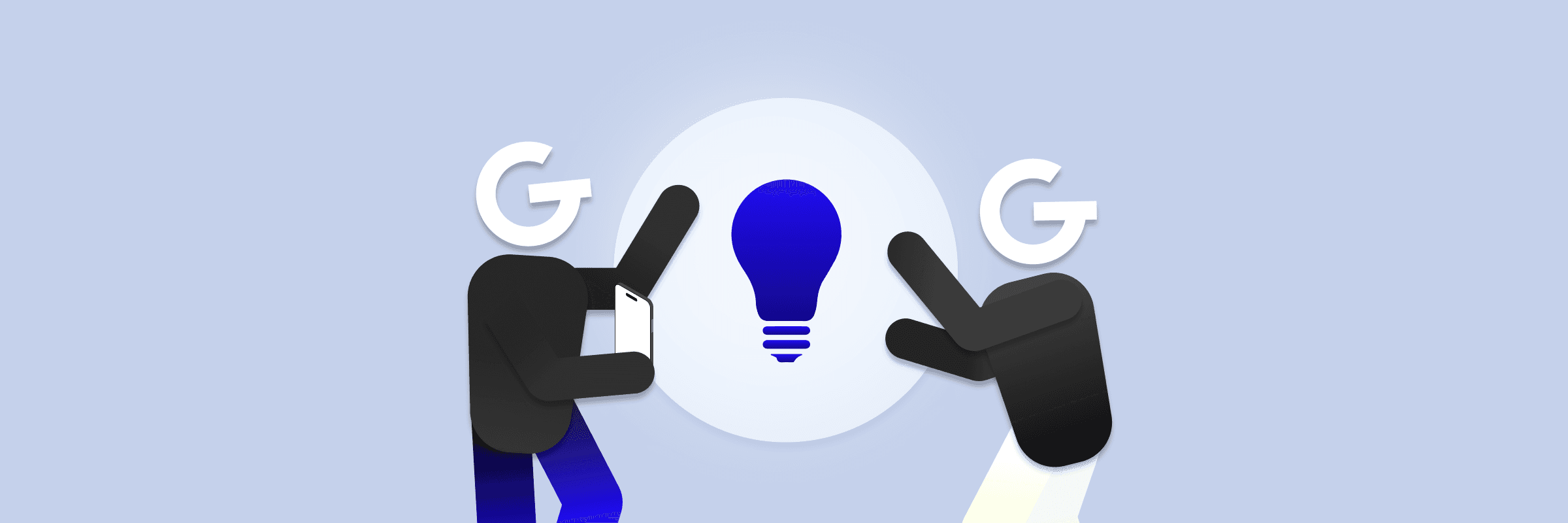 Ilustrácia dvoch osôb s logom GoodRequest namiesto hlavy, naťahujucich sa k žiarovke.