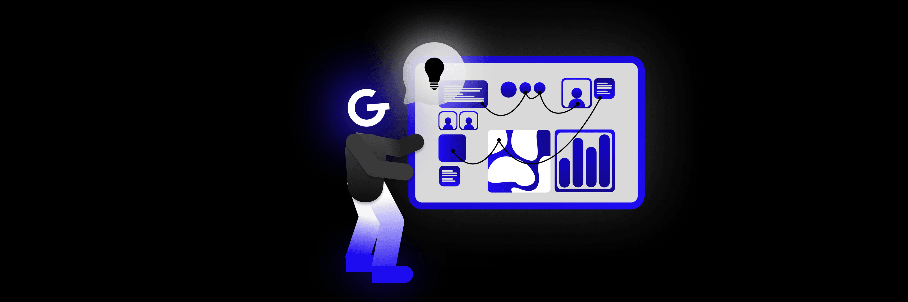 Ilustrácia postavy s logom GoodRequest namiesto hlavy, ktorá stojí pred panelom so schémami, grafmi a ikonami. Panel je prepojený čiarami ako myšlienková mapa a nad postavou svieti žiarovka symbolizujúca nápad.