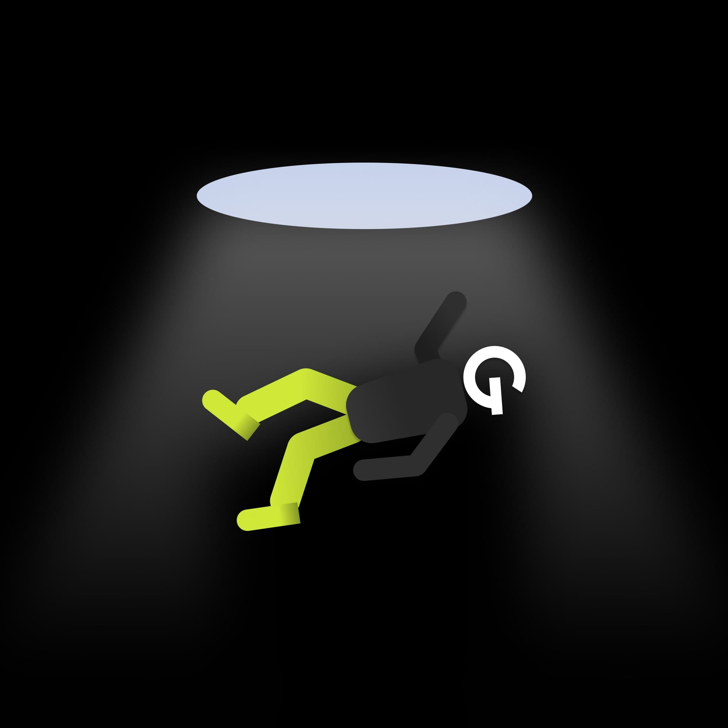 Postava, s logom GoodRequest miesto hlavy, padá v tmavom priestore pod svetlom reflektora.