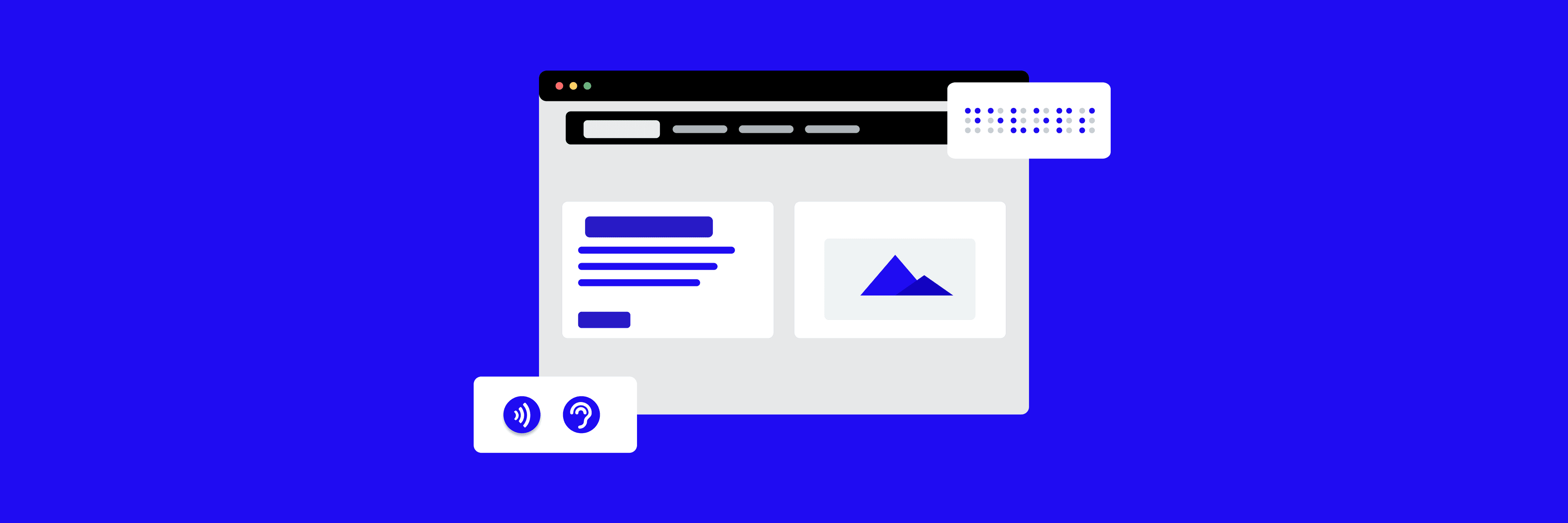 Ilustrácia webového rozhrania s textovým obsahom, obrázkom hory a ikonami znázorňujúcimi prístupnosť – zvukové vlny, ucho a text v Braillovom písme.