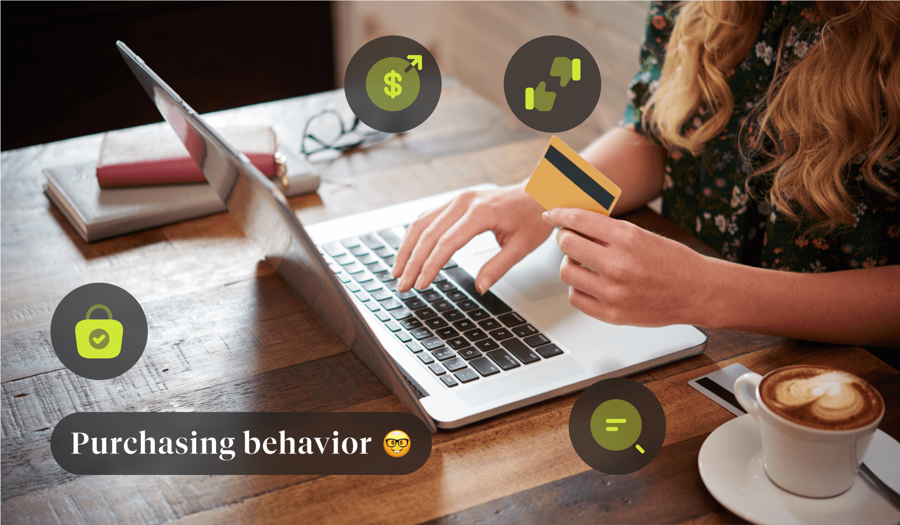 A woman using a laptop and credit card, with a security lock icon emphasizing safe transactions. Also shows the text "Shopping Behavior".