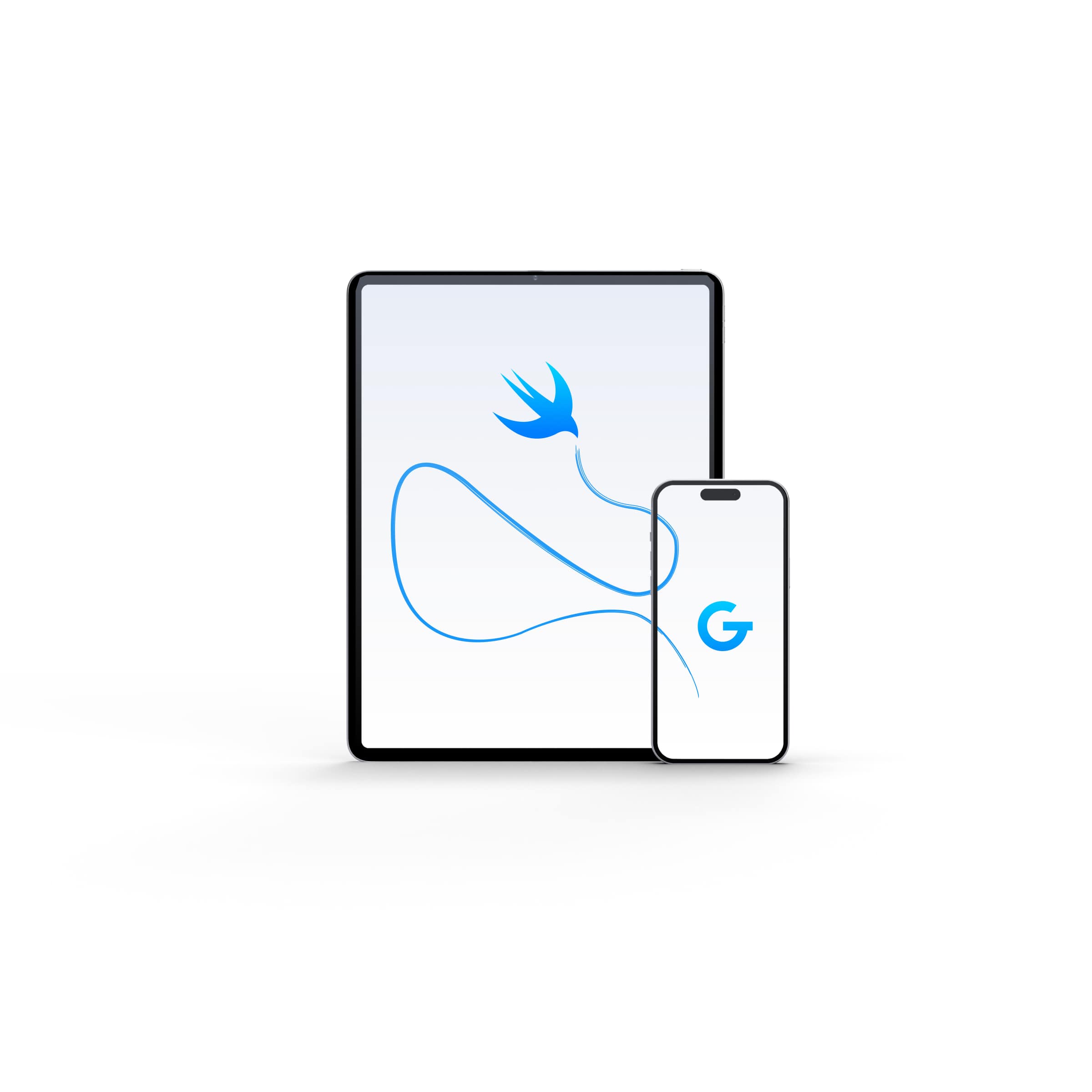 Dve zariadenia - telefón a tablet, telefón je v popredí. Na tablete je lastovička, ktorá je nepriamou čiarou prepojená do telefónu, na ktorého obrazovke je logo GoodRequestu.