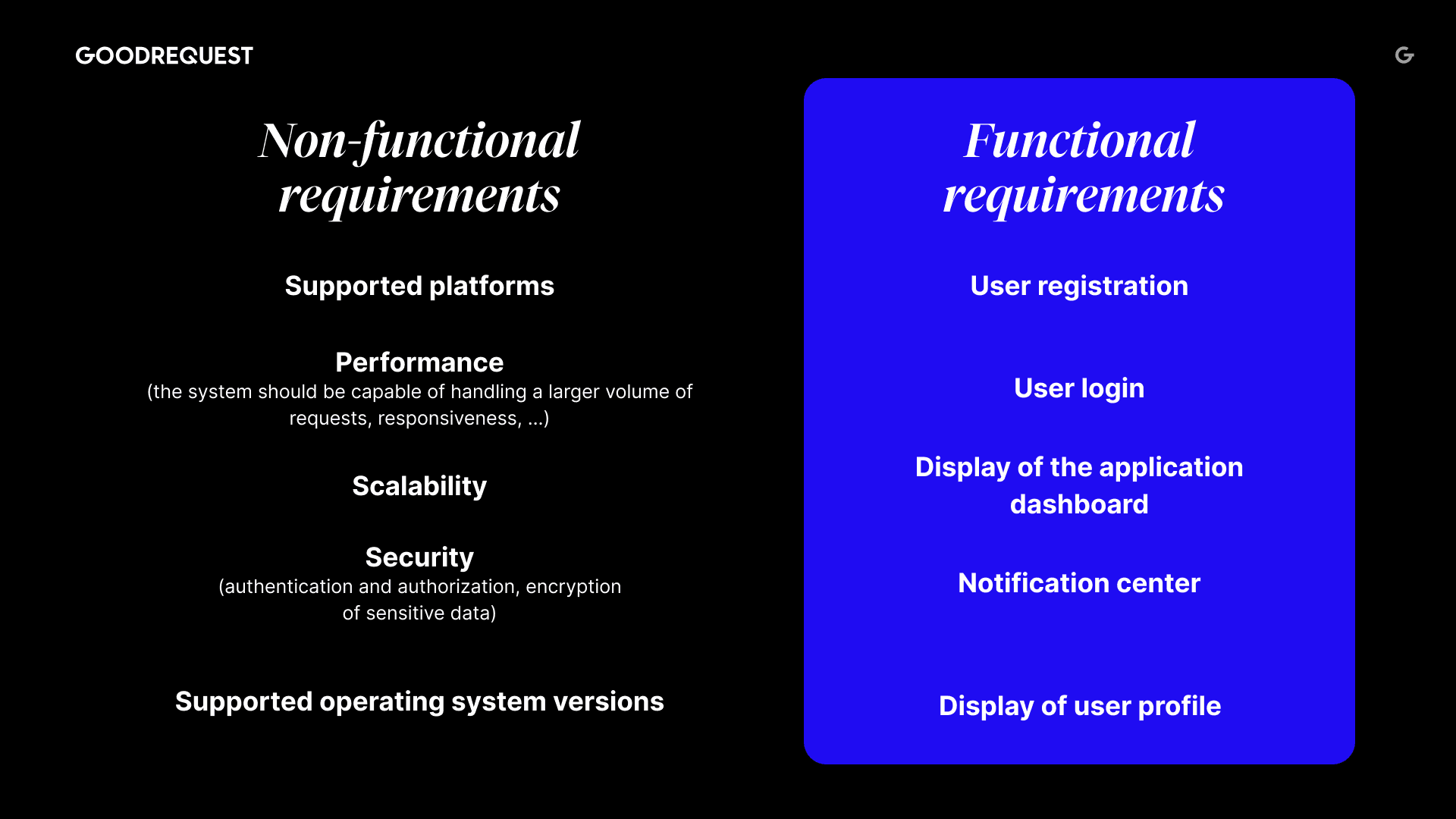 Comparison of functional requirements (what the system does) versus non-functional requirements (how the system performs), listing key examples of each.