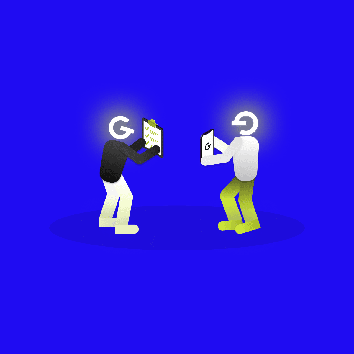 Ilustrácia dvoch osôb s logom GoodRequest miesto hlavy, jeden drží formulár, druhý mobilné zariadenie.