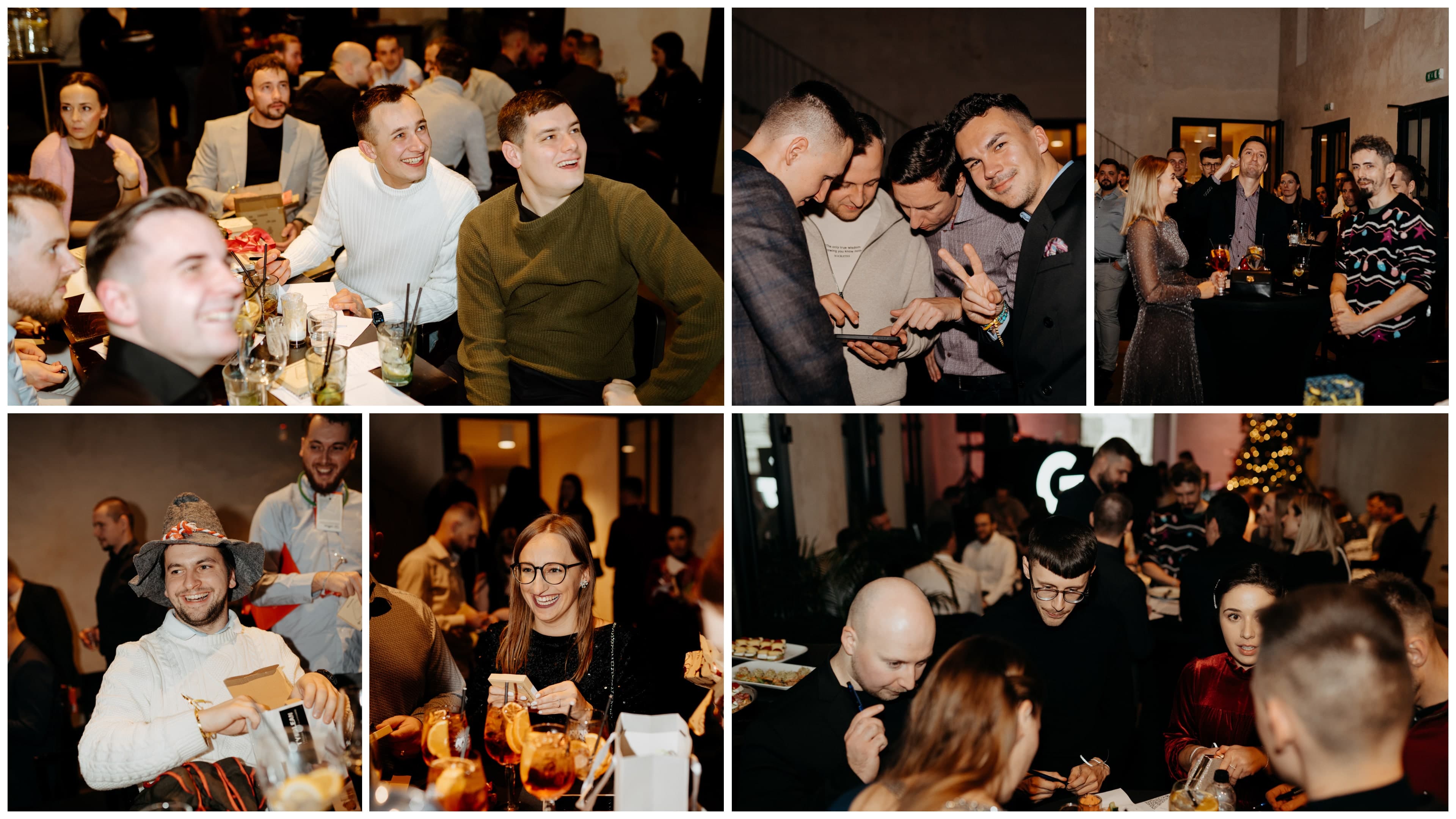 Koláž zachytávajúca rôzne momenty z vianočného firemného večierka, vrátane spoločného stolovania, rozdávania darčekov a neformálnych rozhovorov.