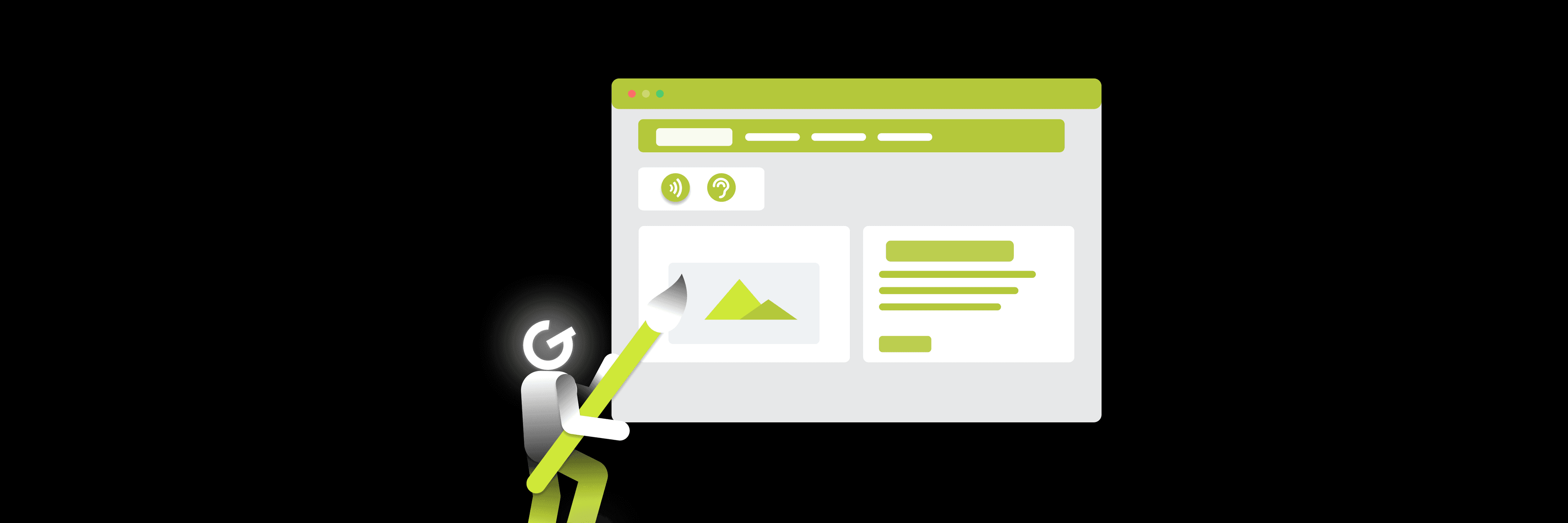 Ilustrácia, na ktorej malá postavička s veľkým štetcom upravuje grafické prvky na obrazovke webovej stránky s ikonami, obrázkovým blokom a textovým panelom.