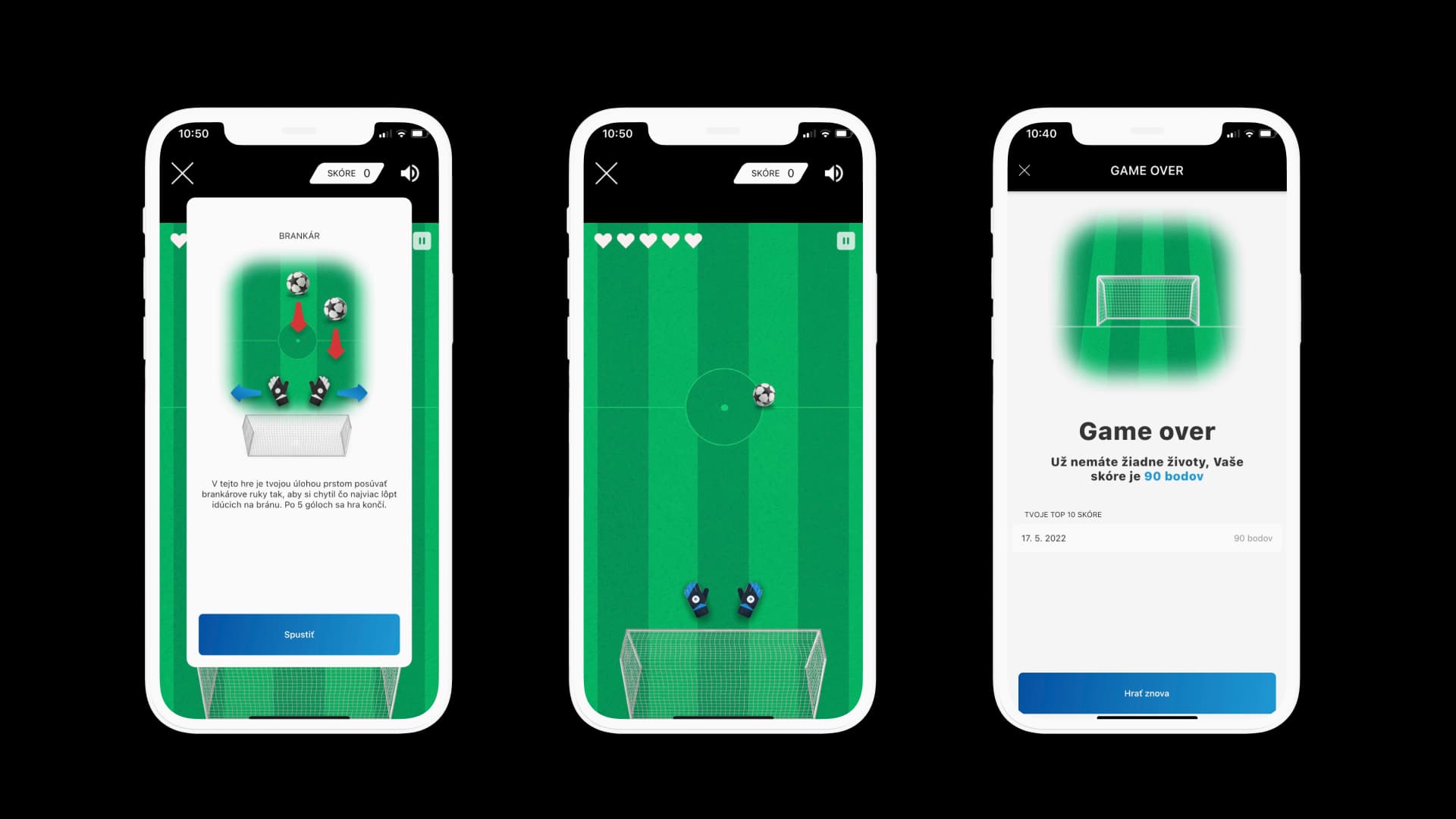 Three screens of the mobile game – instructions with control descriptions, the gameplay showing players defending the goal, and a Game Over screen with the score and an option to play again.