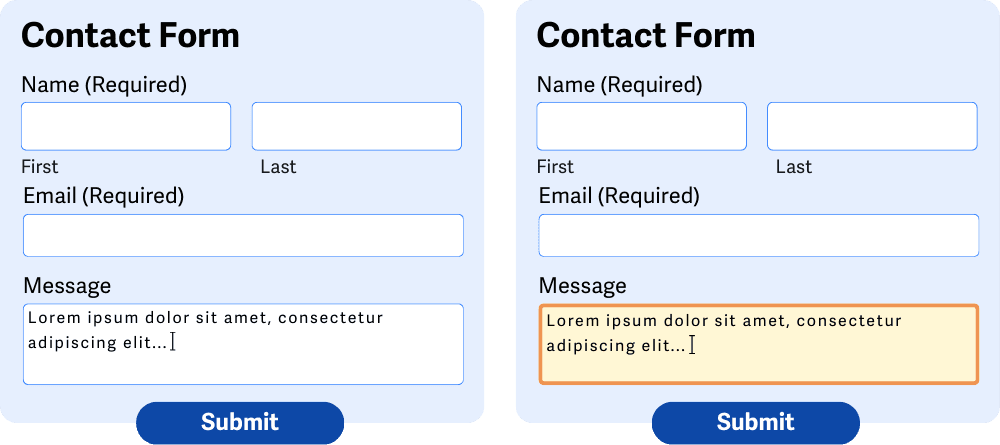 Dva kontaktné formuláre vedľa seba s poľami pre meno, e-mail a správu; oba obsahujú modré tlačidlo „Submit“ a líšia sa odtieňom pozadia.