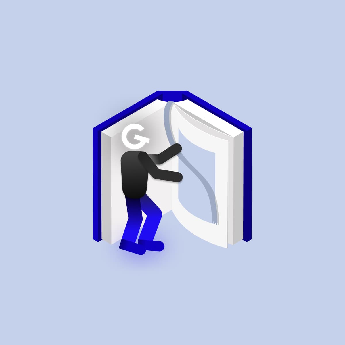 Ilustrácia osoby s logom GoodRequest namiesto hlavy, ktorá stojí pred otvorenou knihou