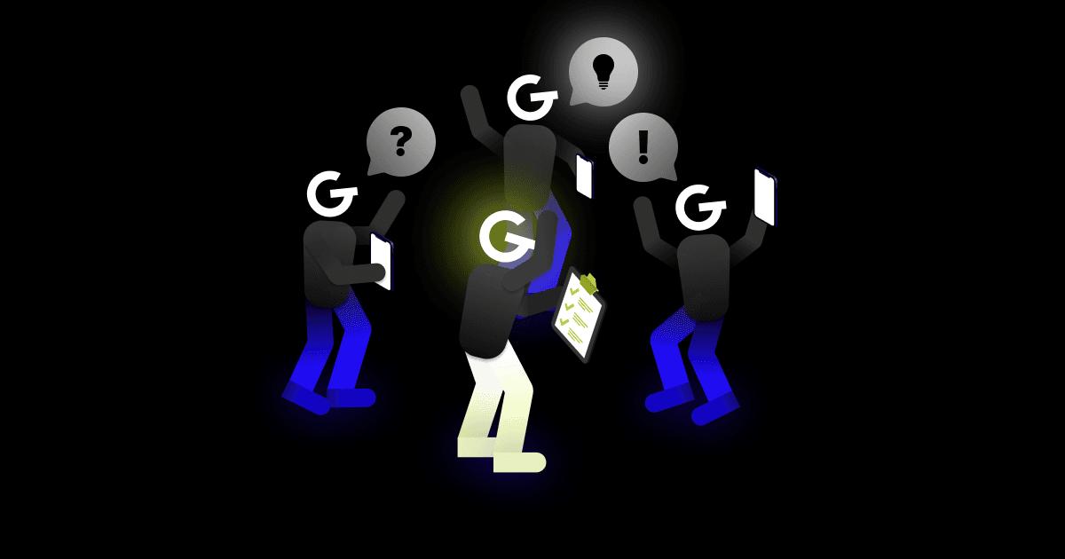 Ilustrácia viacerých osôb s logom Goodrequest miesto hlavy, tri s textovými bublinami nad hlavou, v ktérých je otáznik, výkričník a žiarovka, a jednou osobou s formulárom v ruke, ktorá zaznámenáva potreby ľudí.