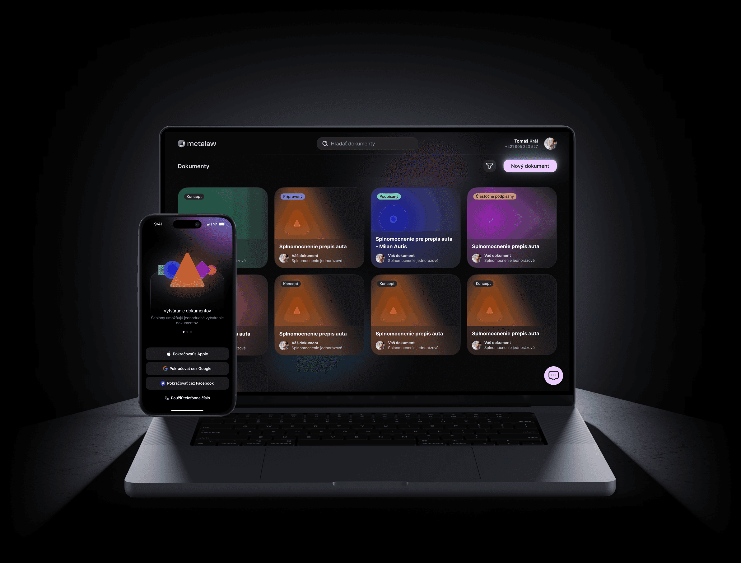 Moderná vizualizácia Metalaw, zobrazujúca dokumentový systém na notebooku a mobilnú aplikáciu s farebným úvodným screenom.