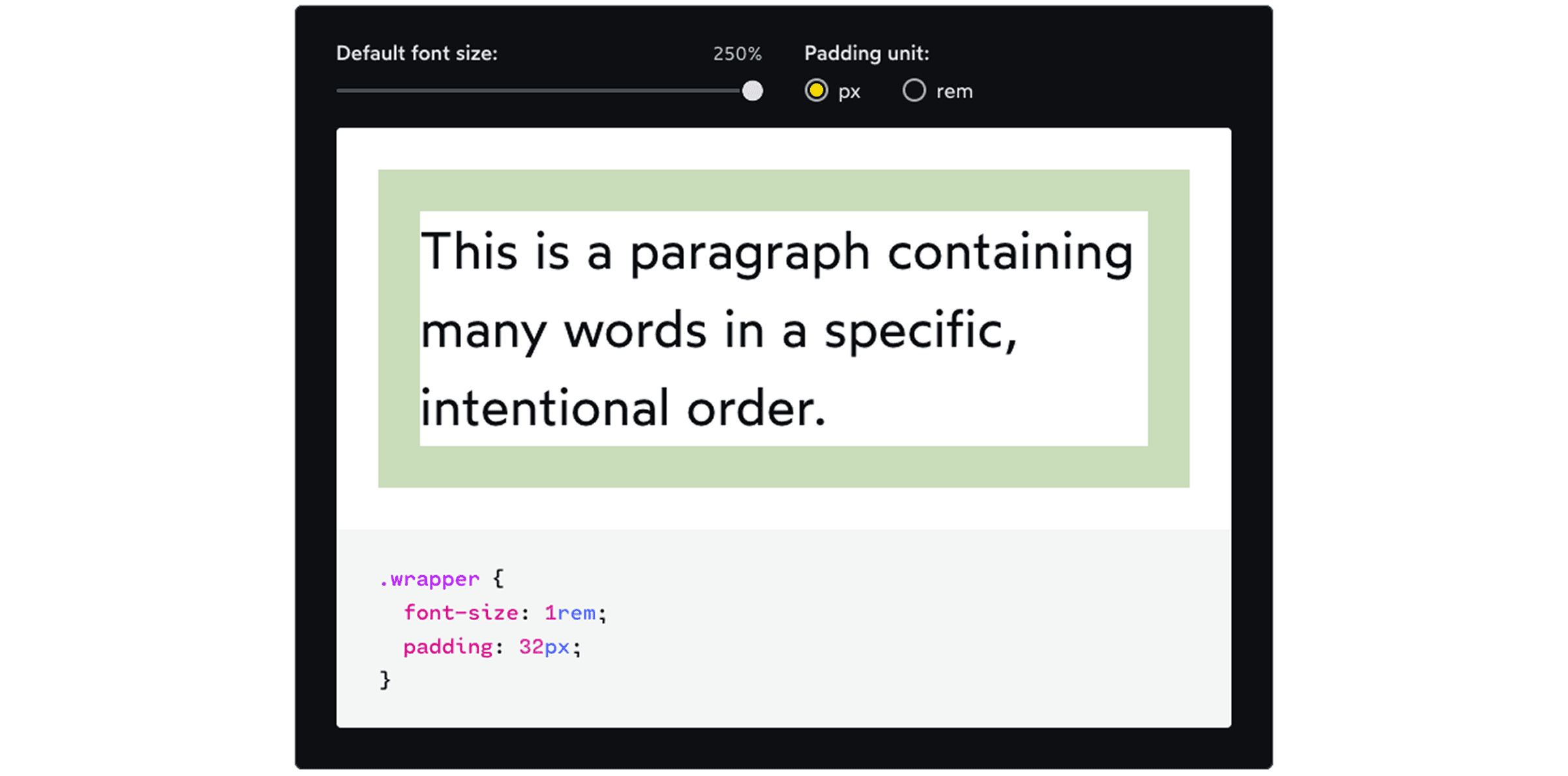 Odstavec textu s vetou „This is a paragraph containing many words in a specific, intentional order.“ a ukážka CSS kódu nastavujúceho veľkosť písma a vnútorné odsadenie pre triedu „wrapper“ pomocou px.
