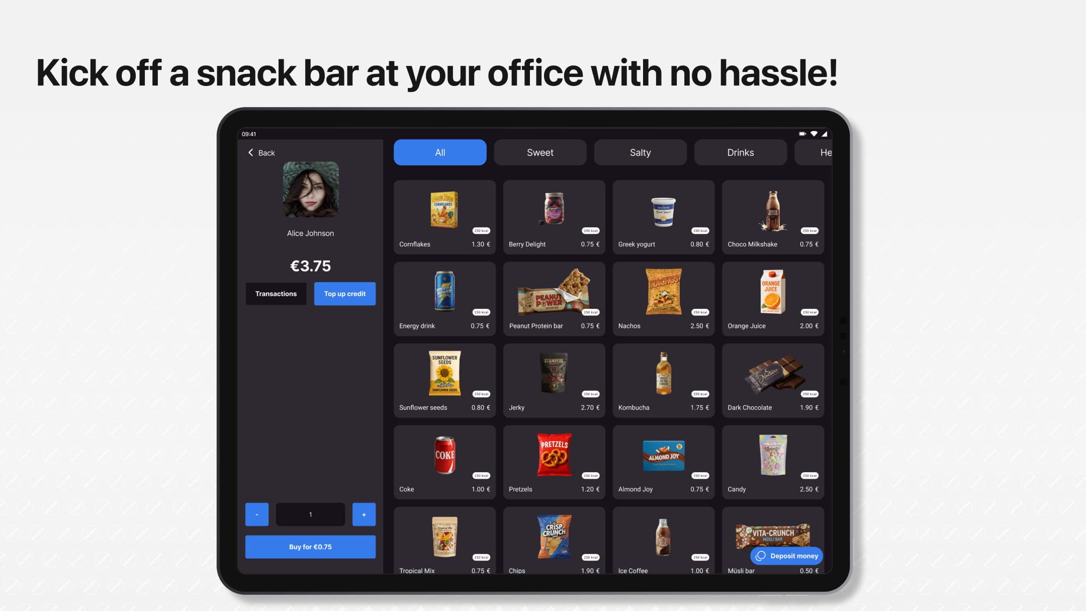 Tablet with the Snackbar app displaying a product grid with prices, shopping cart, and control panel for completing the purchase.