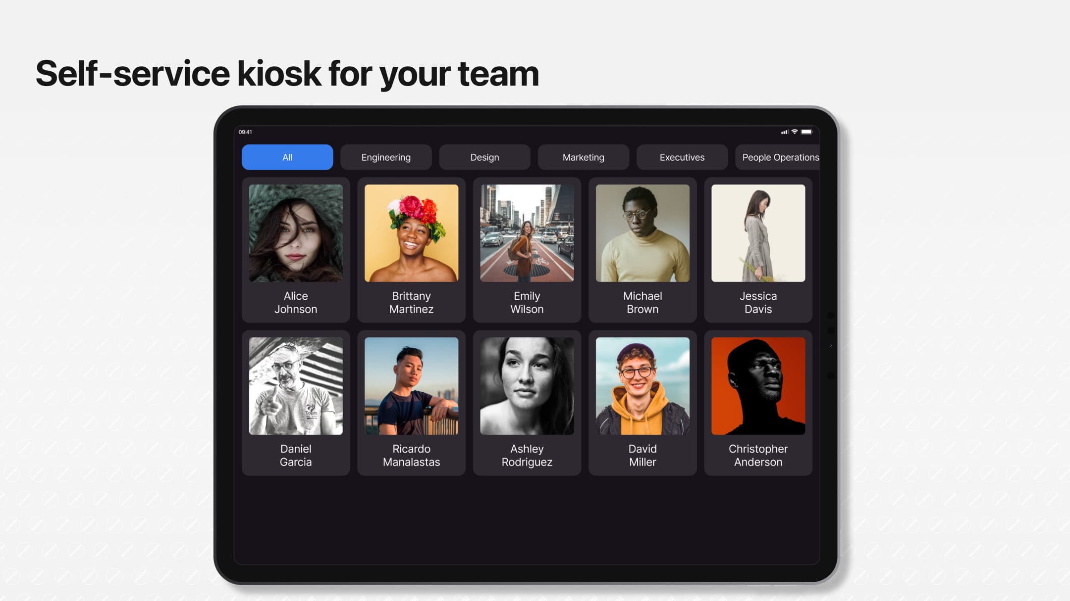 Team self-service kiosk screen displaying employee profiles categorized into Development, Tech, Design, Marketing, Management, and Human Resources.