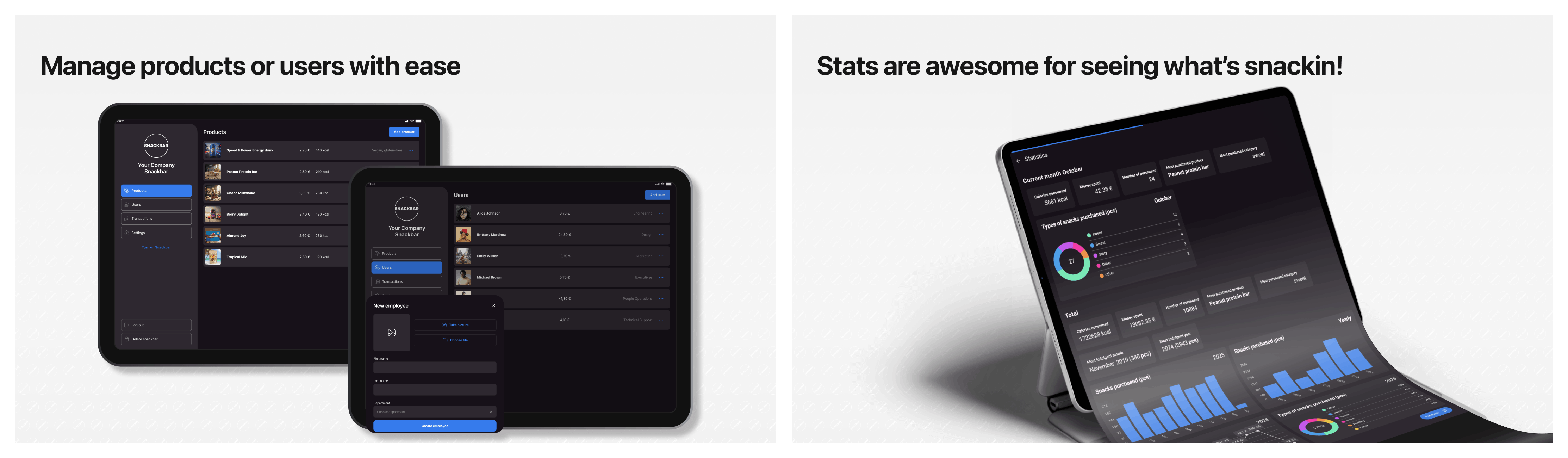 A collage of three views of the Snackbar application: product administration, user administration, and sales dashboard in the form of graphs and metrics.