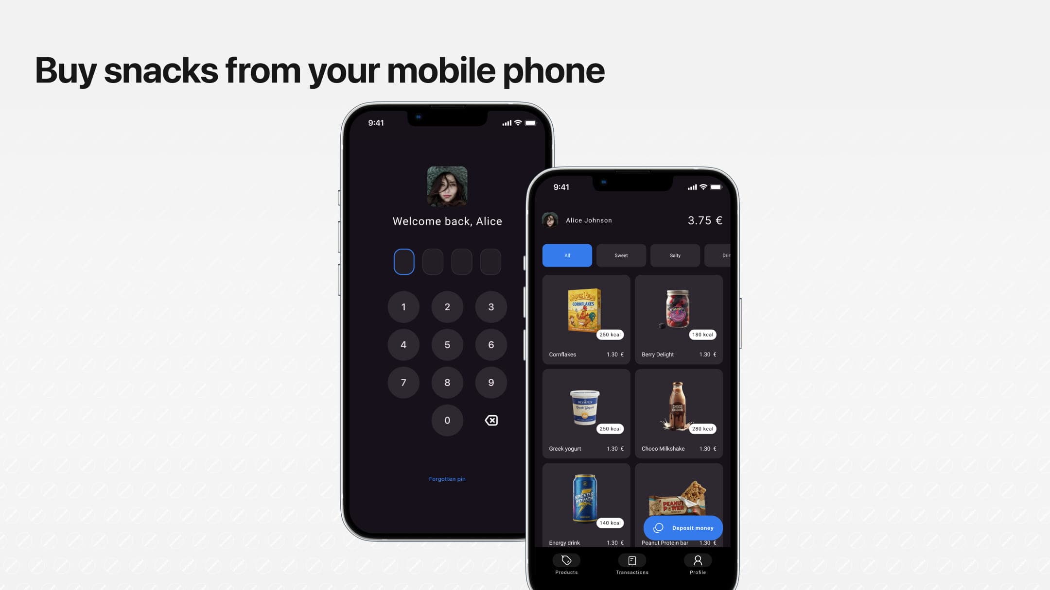 The Snackbar mobile app displays the user's login and a grid of snacks, including product images and purchase amounts.
