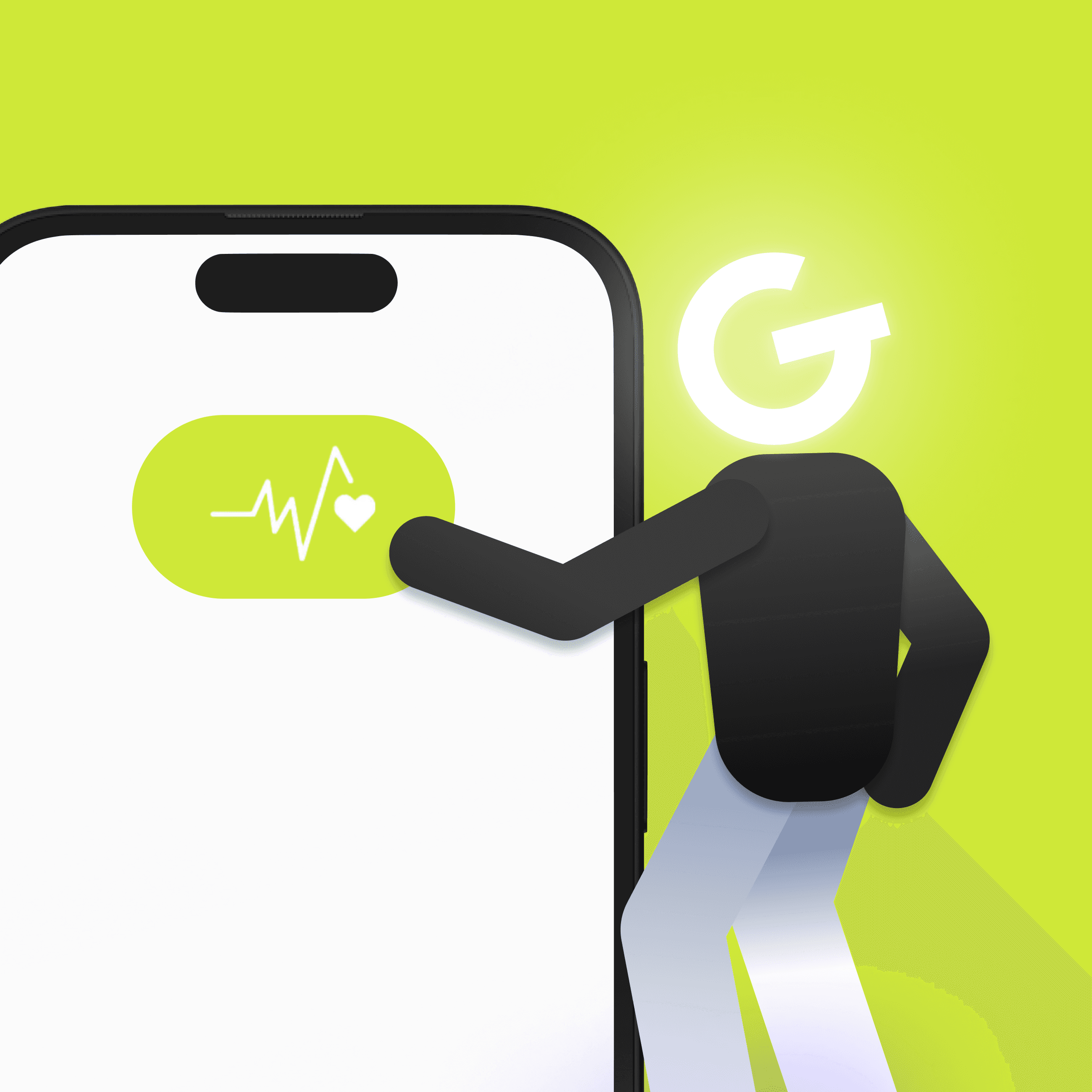 Postava, s logom GoodRequest miesto hlavy, interaguje s ikonou zdravia zobrazenou na veľkom mobilnom telefóne.