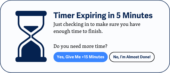 Oznámenie s ikonou presýpacích hodín informujúce o vypršaní časovača za 5 minút; ponúka možnosť predĺžiť čas o 15 minút alebo potvrdiť, že používateľ takmer skončil.